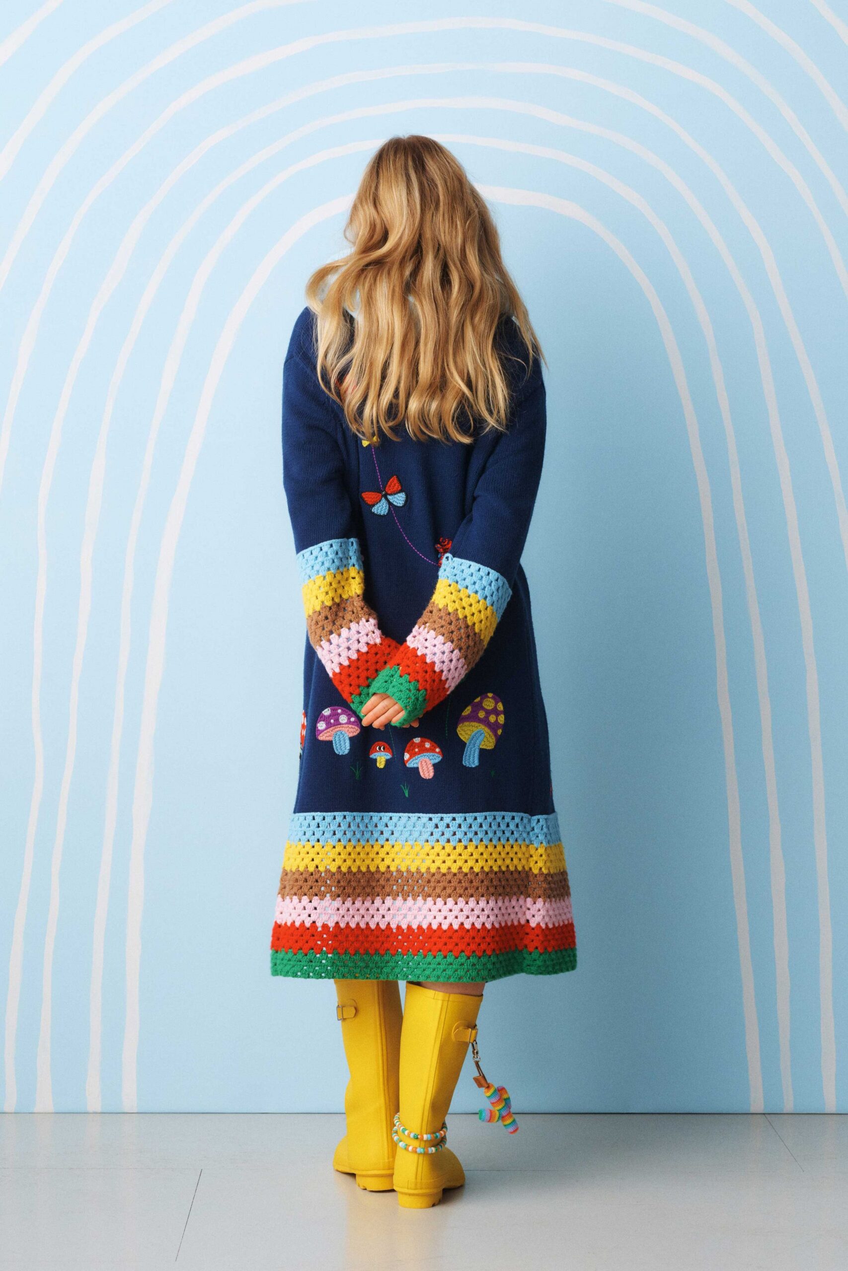 blue multi-colored maxi dress with yellow boots
