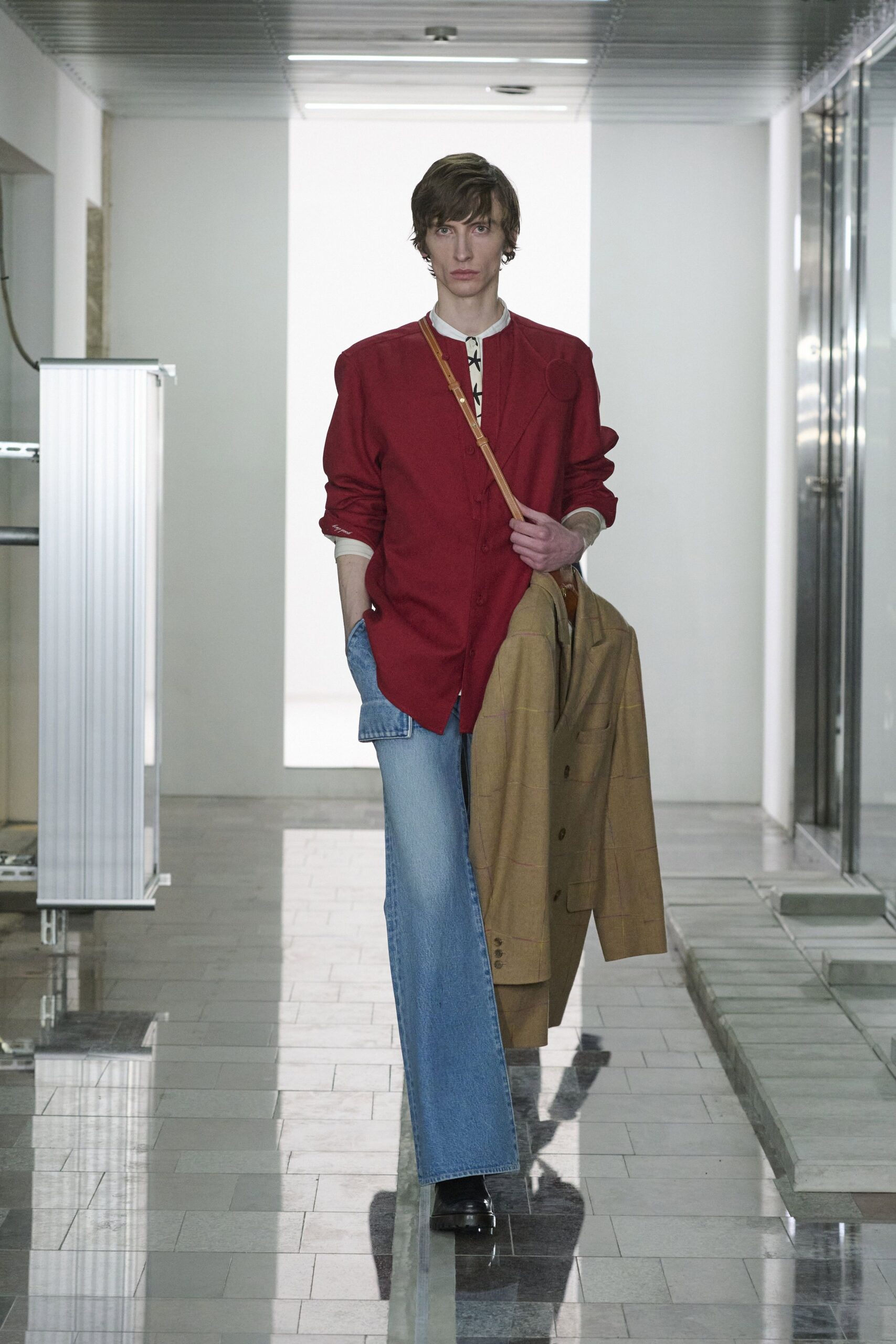 red relaxed jacket with blue pants