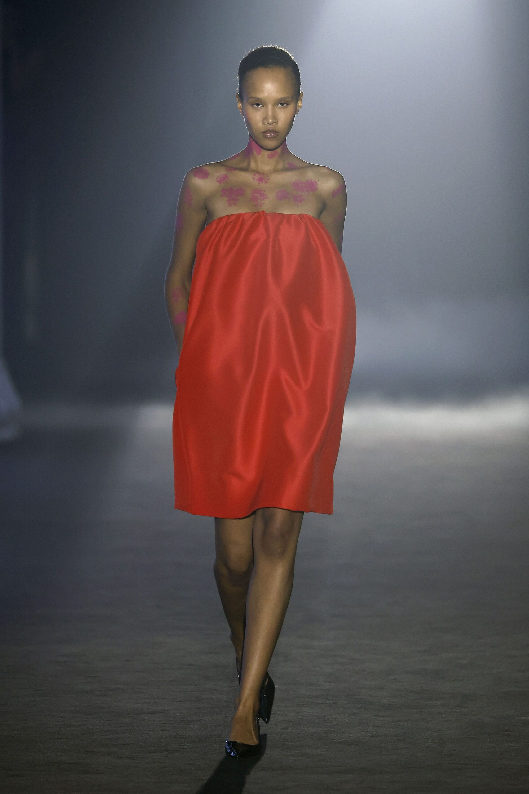 red silk strapless relaxed straight-leg mini dress