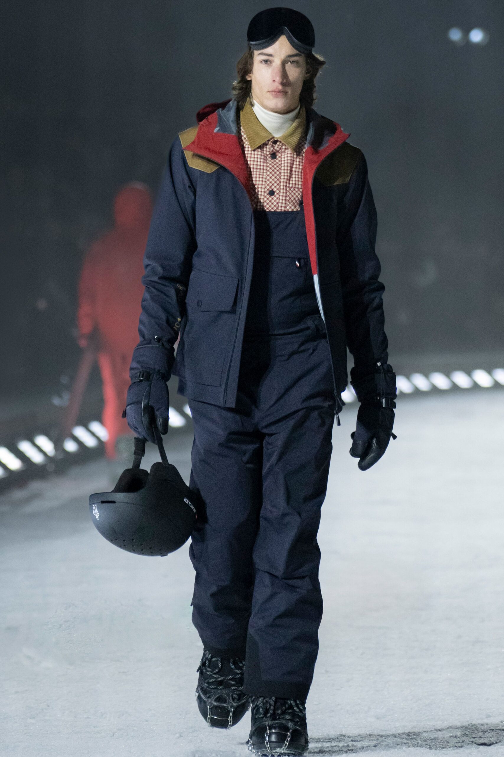 navy color-blocked jacket with black pants
