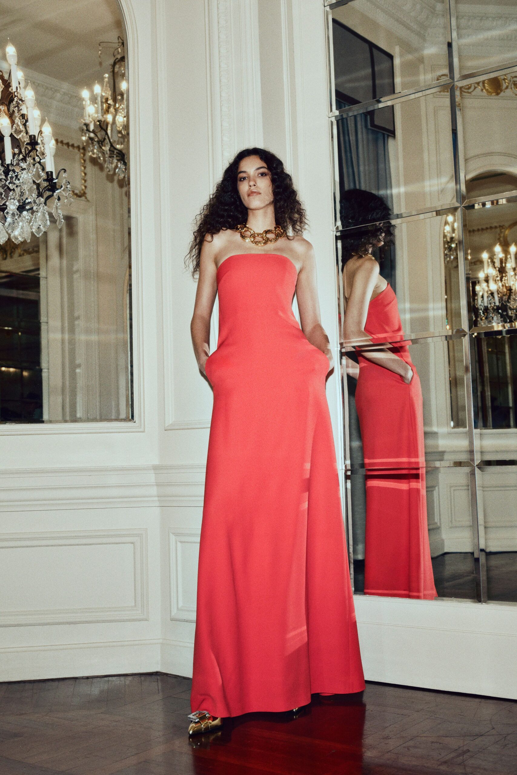 red silk strapless fitted straight-leg pockets maxi gown