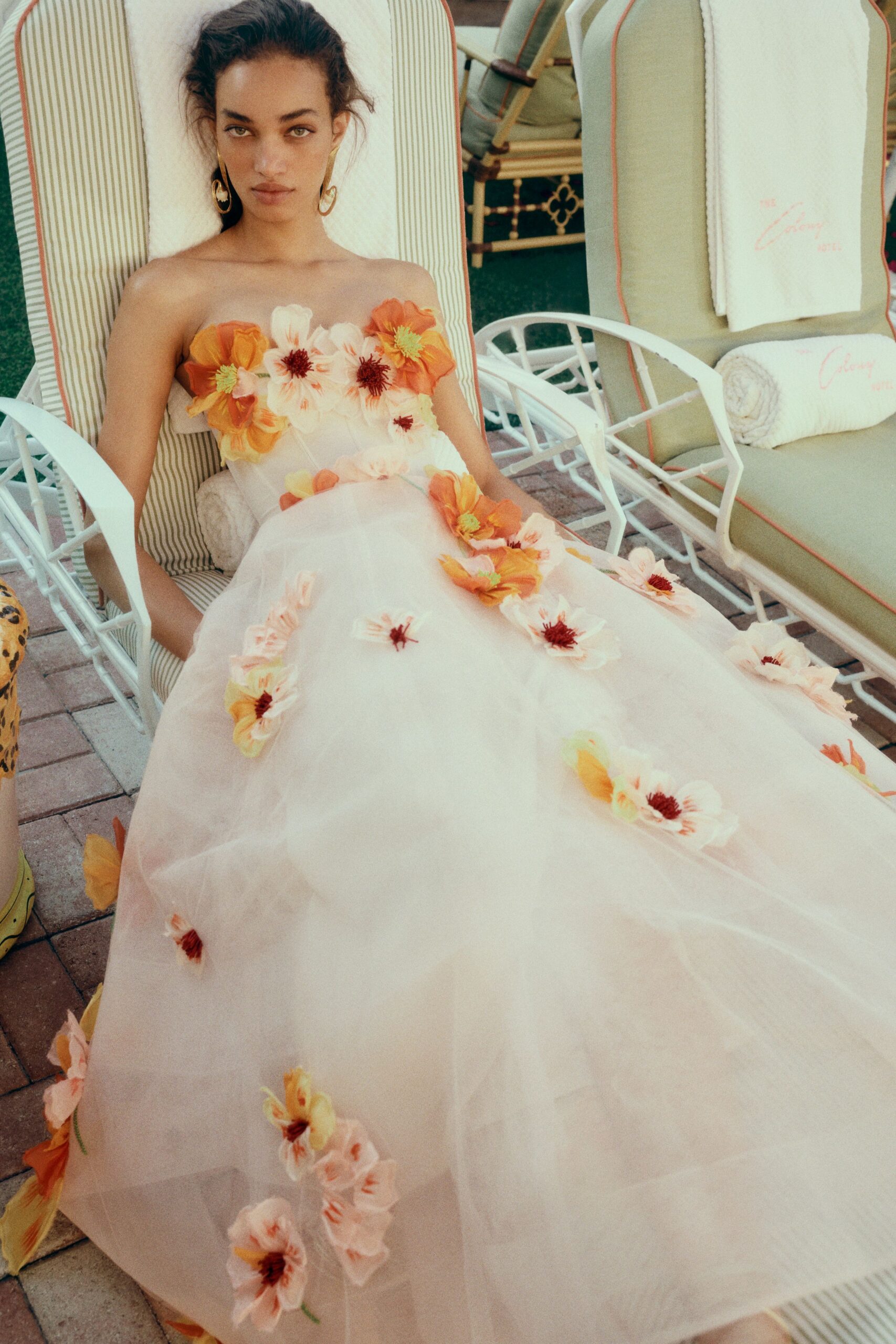 floral strapless tulle gown