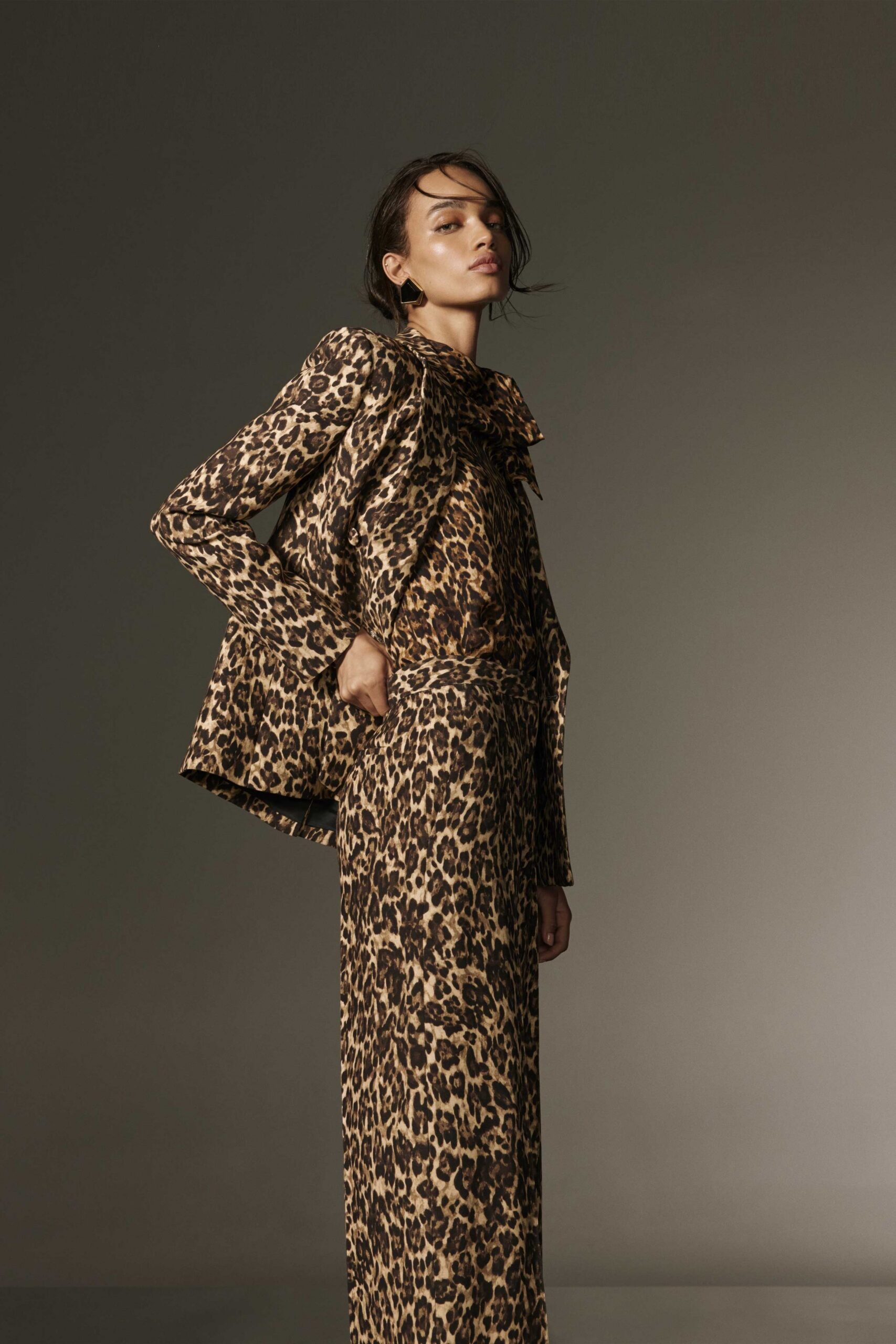 brown silk long-sleeve collared structured printed blazer