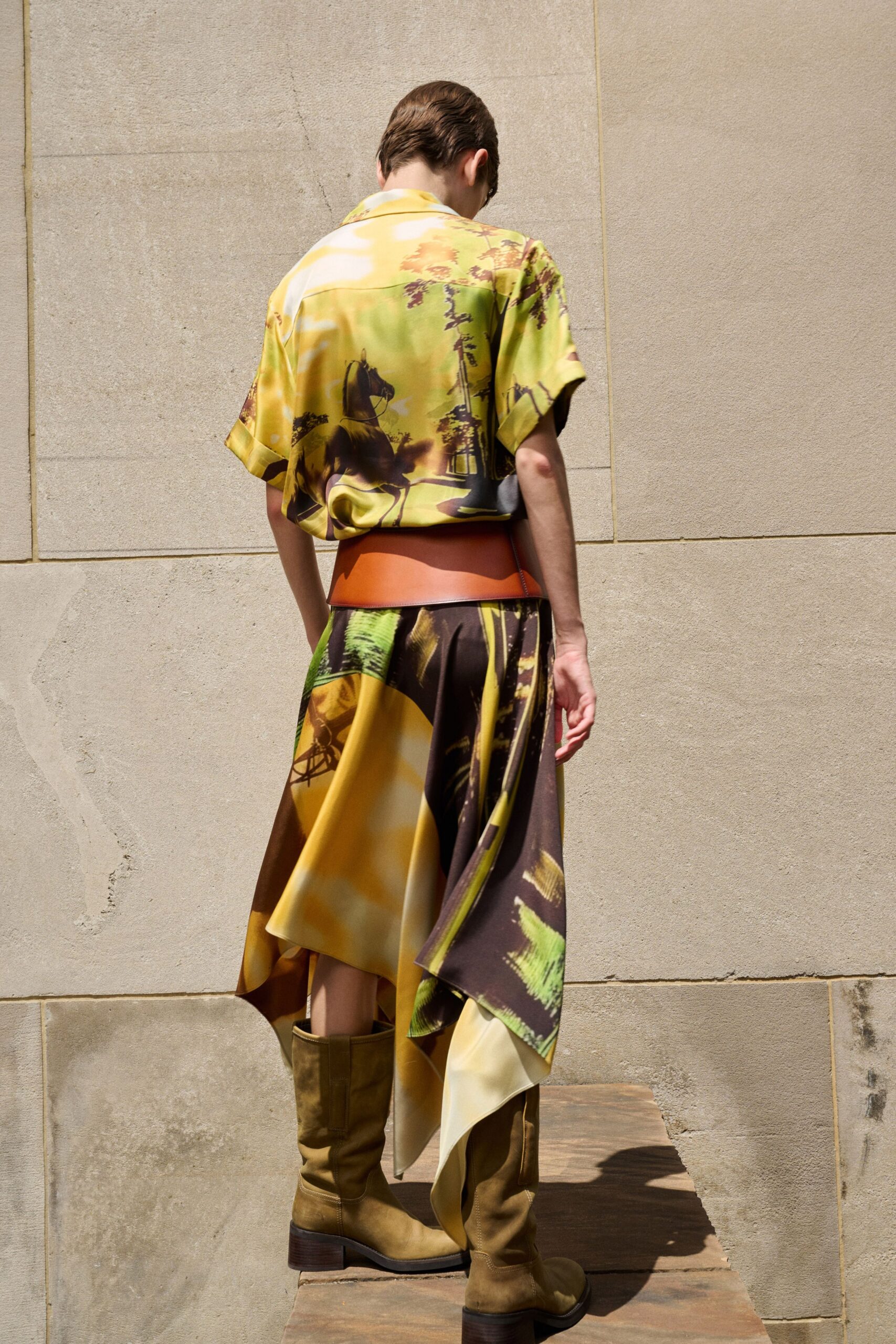 relaxed printed shirt and asymmetric skirt