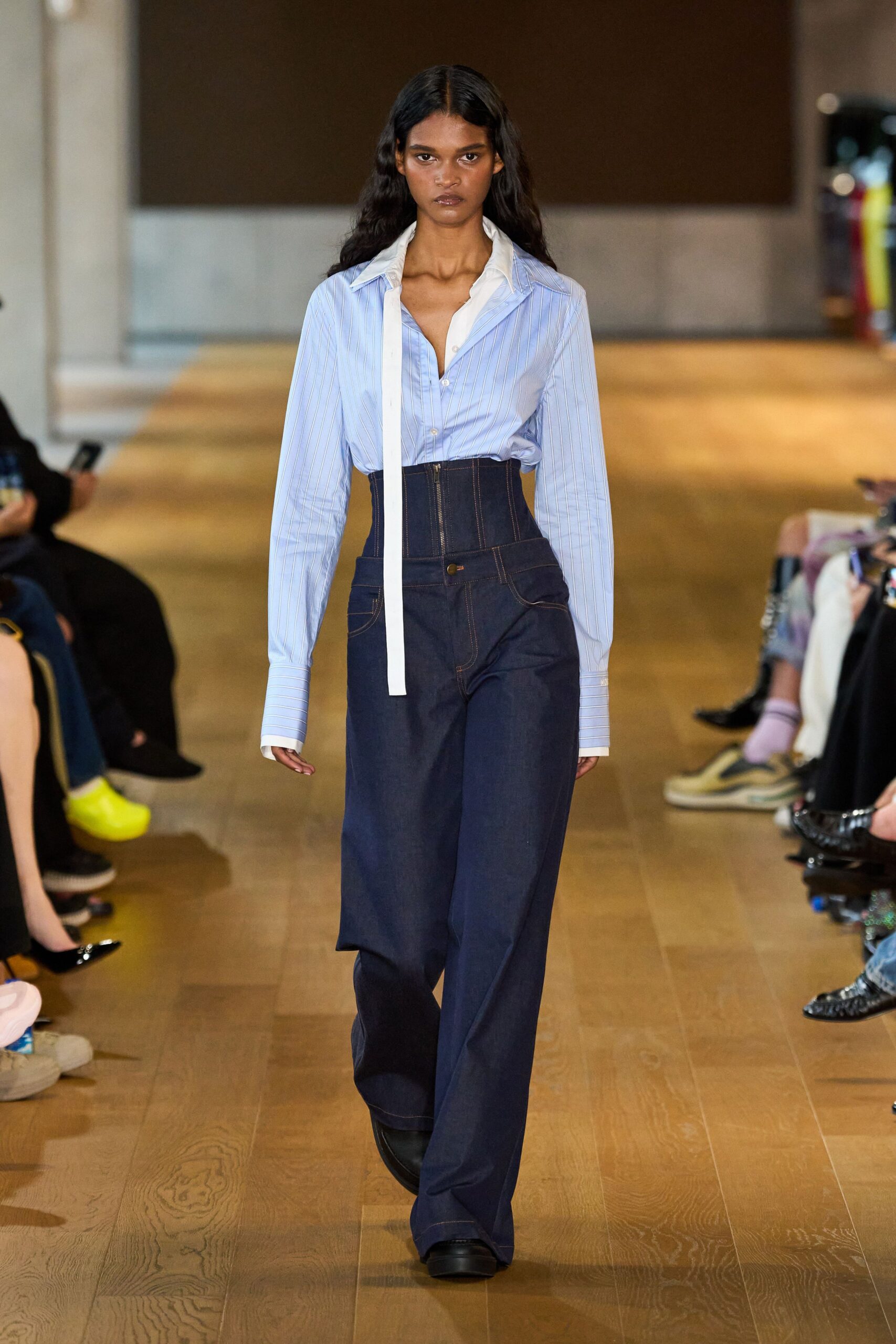 blue denim high-waisted wide-leg pants