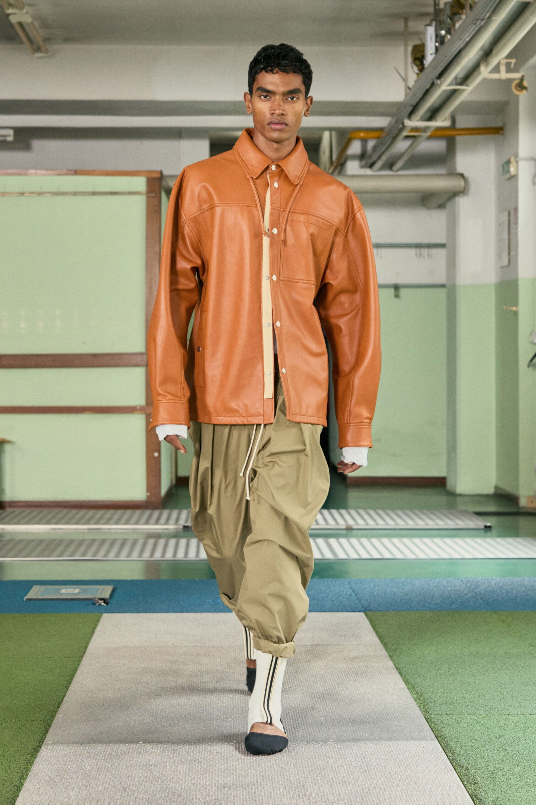 orange leather long-sleeve collared oversized jacket