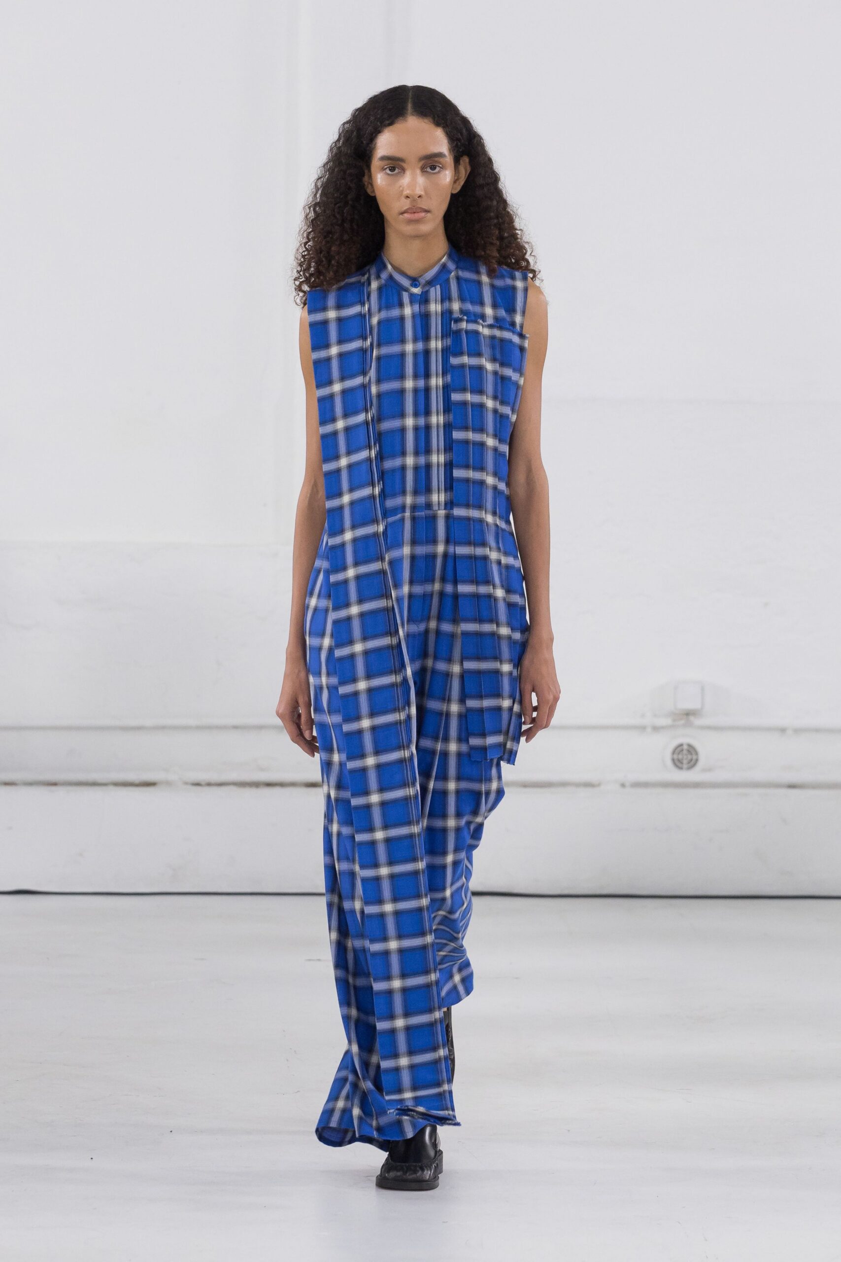 blue cotton sleeveless collared relaxed checked maxi dress