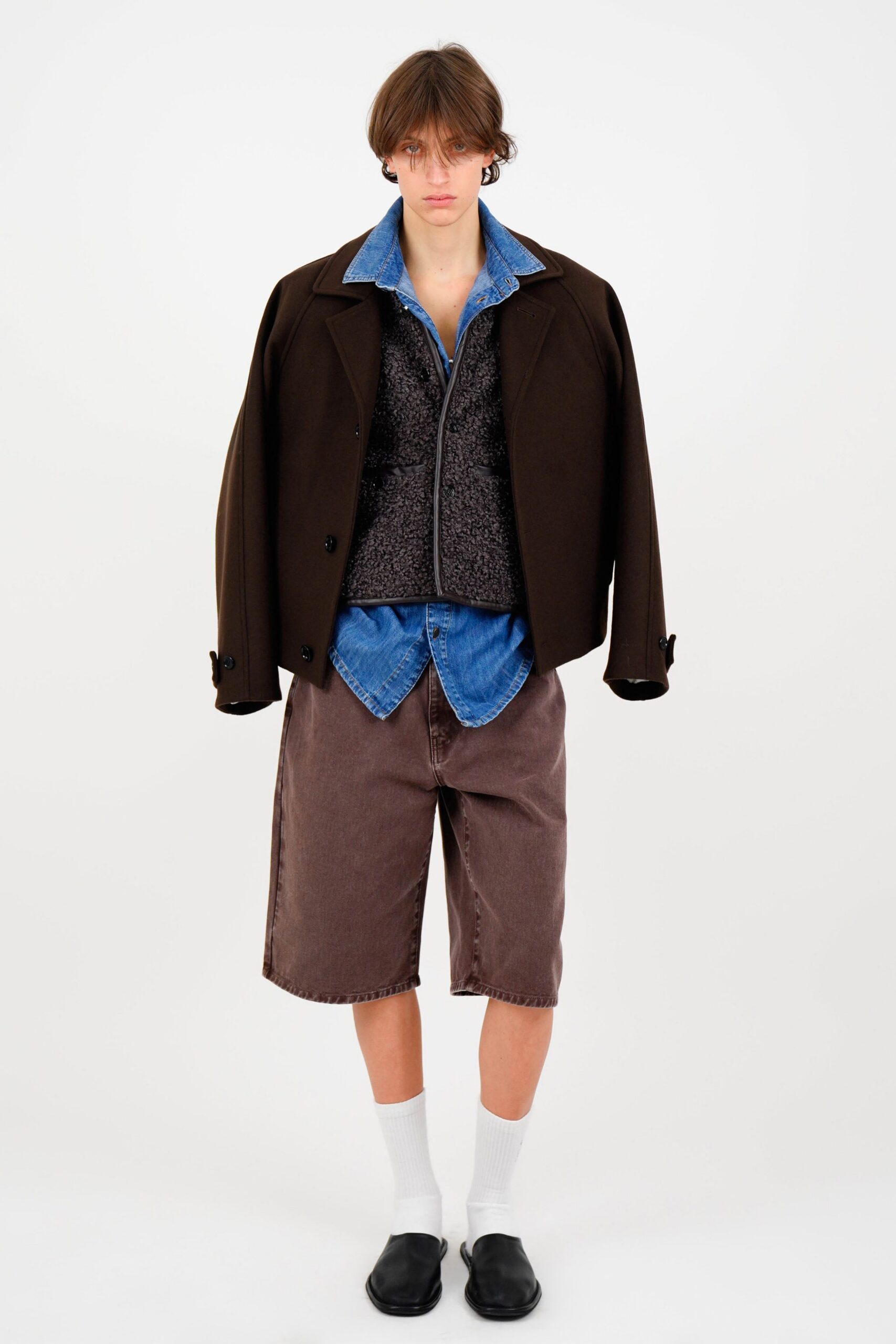 brown wool long-sleeve collared relaxed jacket