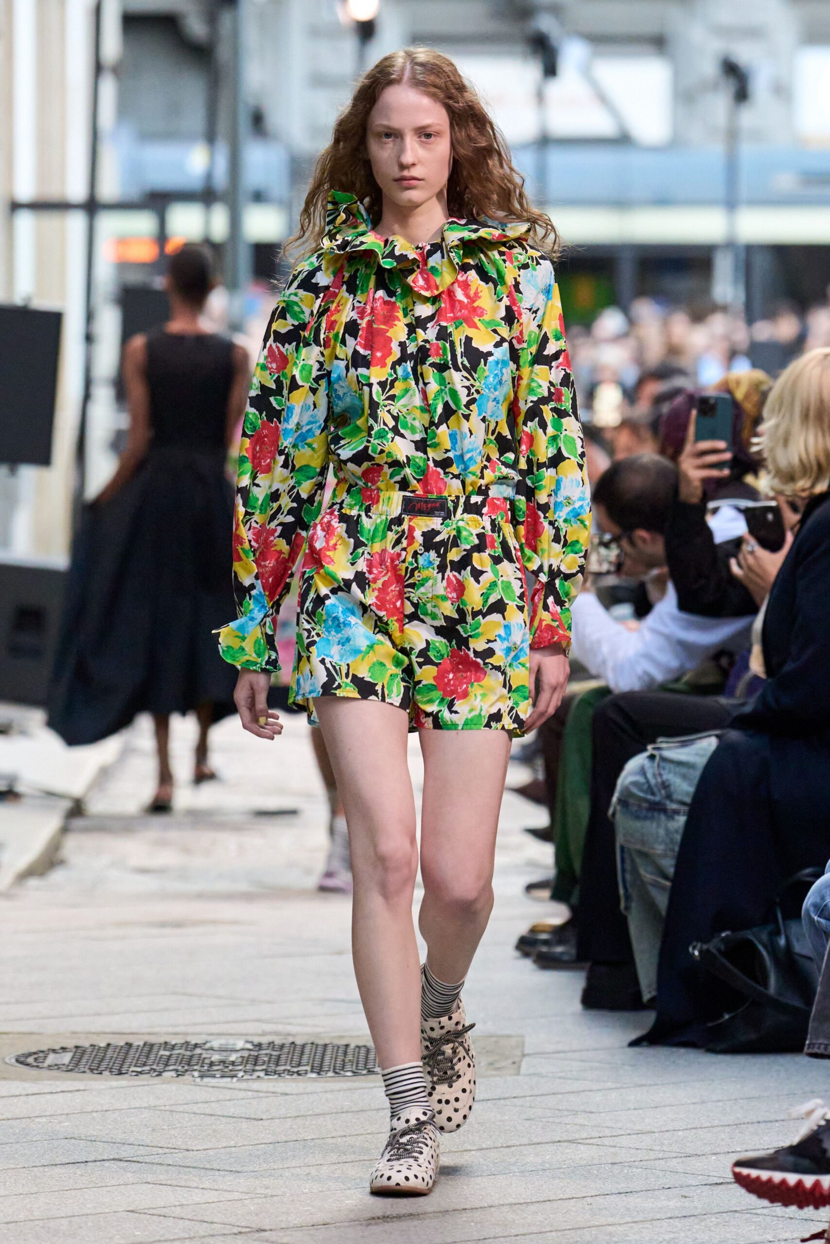 multi long-sleeve collared fitted floral ruffled short romper