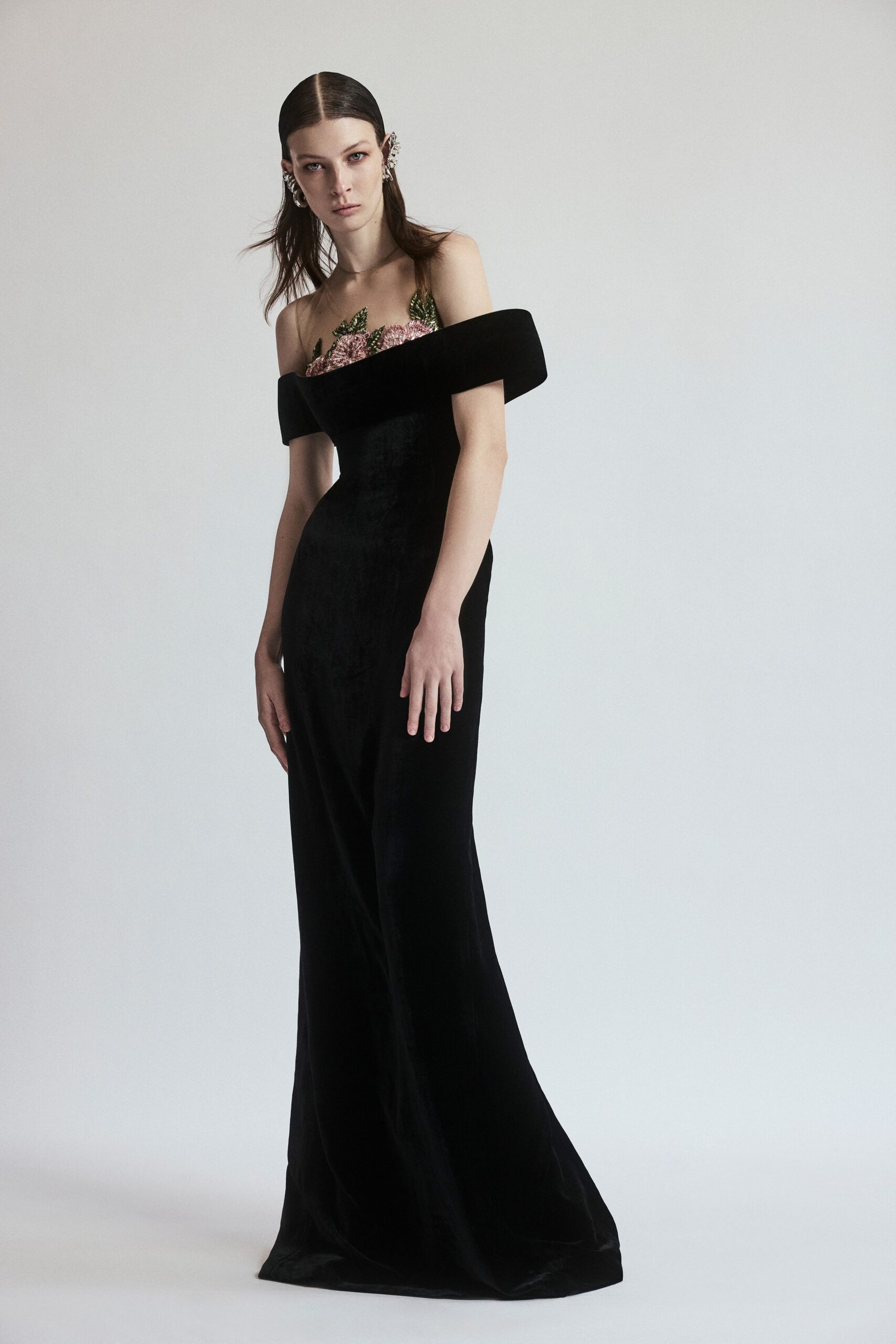 black velvet off-shoulder gown