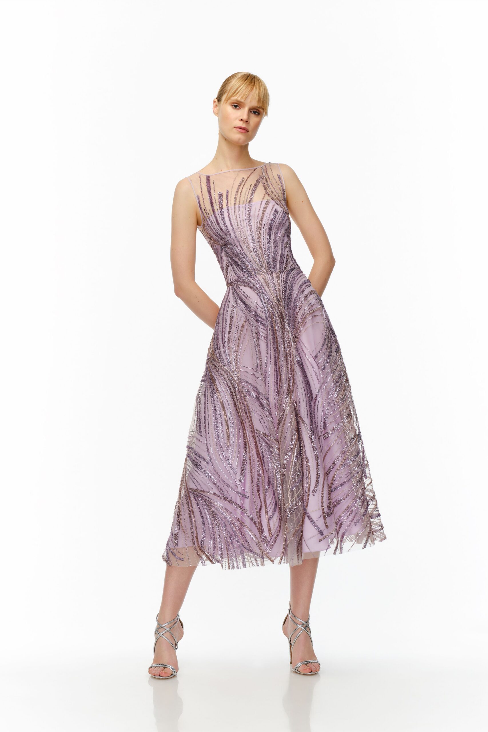 purple silk sleeveless v-neck fitted embroidered fringed dress