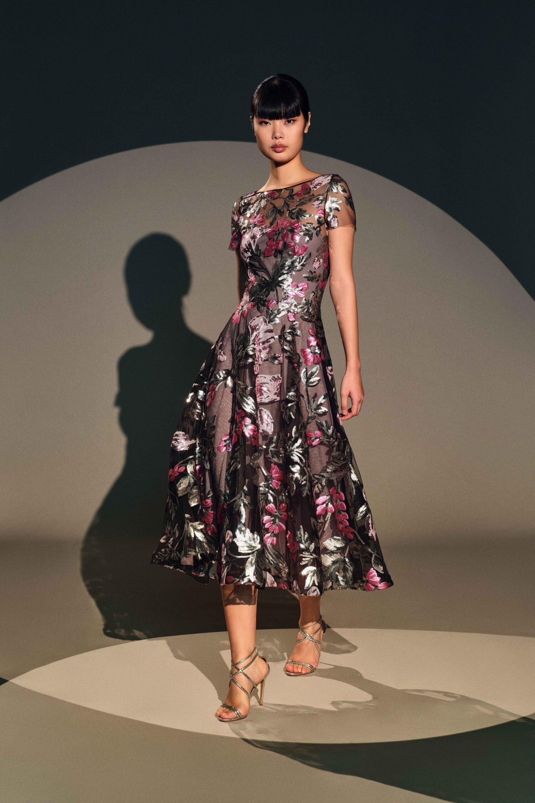 floral midi dress with strappy shoes