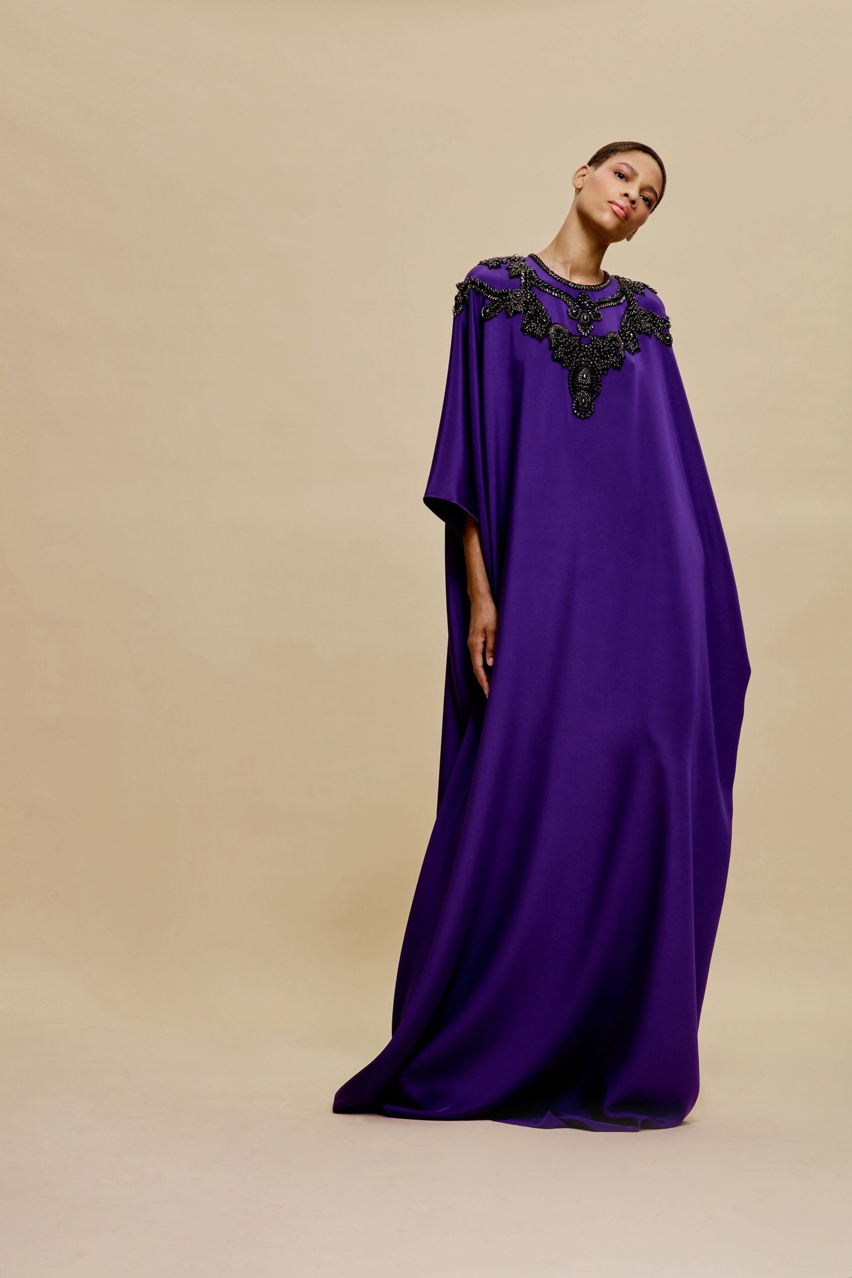 purple silk embroidered gown