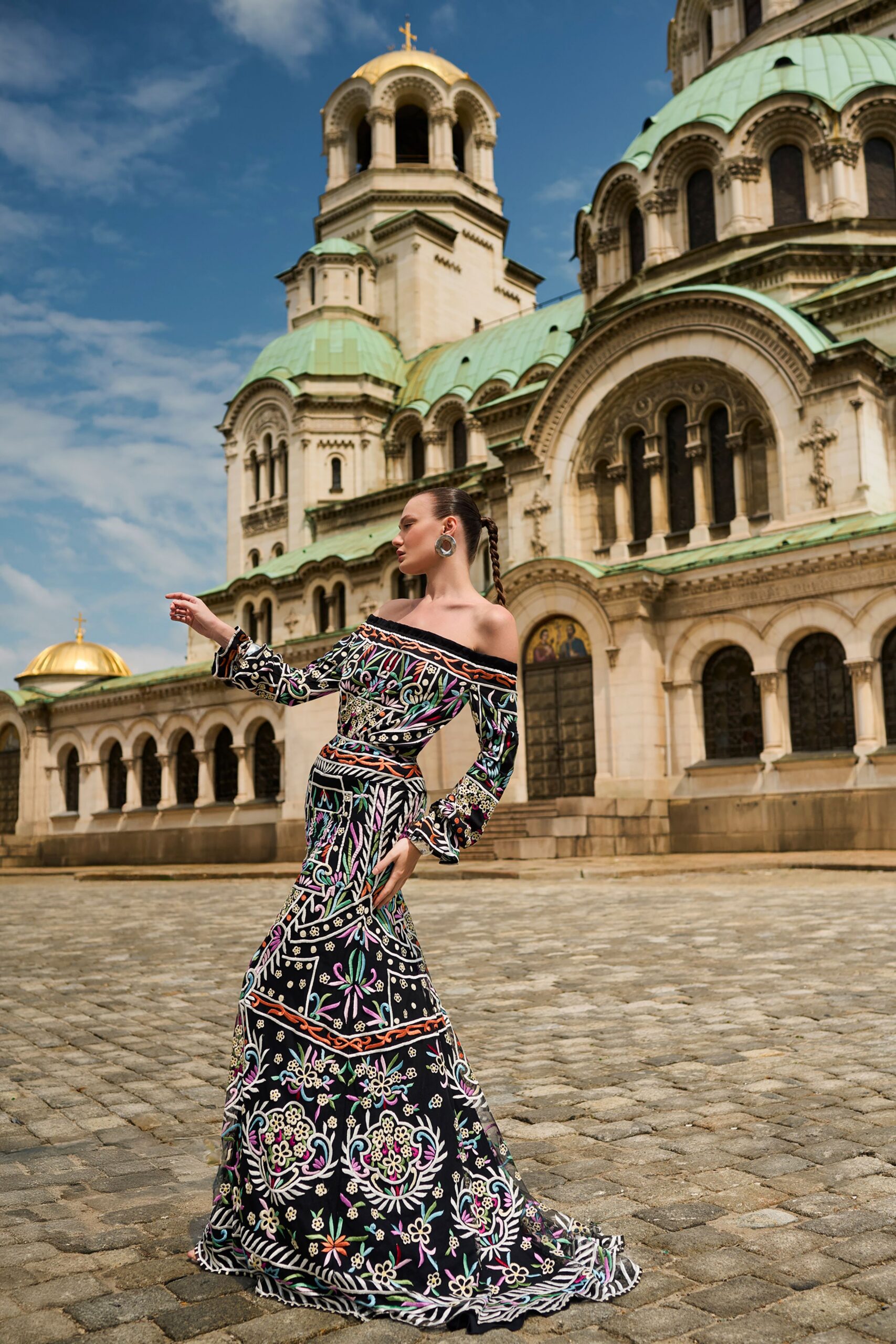 black multi embroidered off-shoulder gown