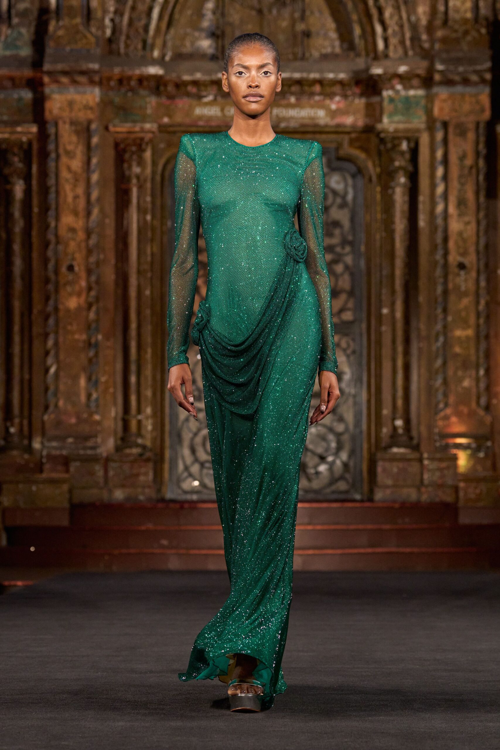 green silk long-sleeve high-neck fitted draped sequined gown