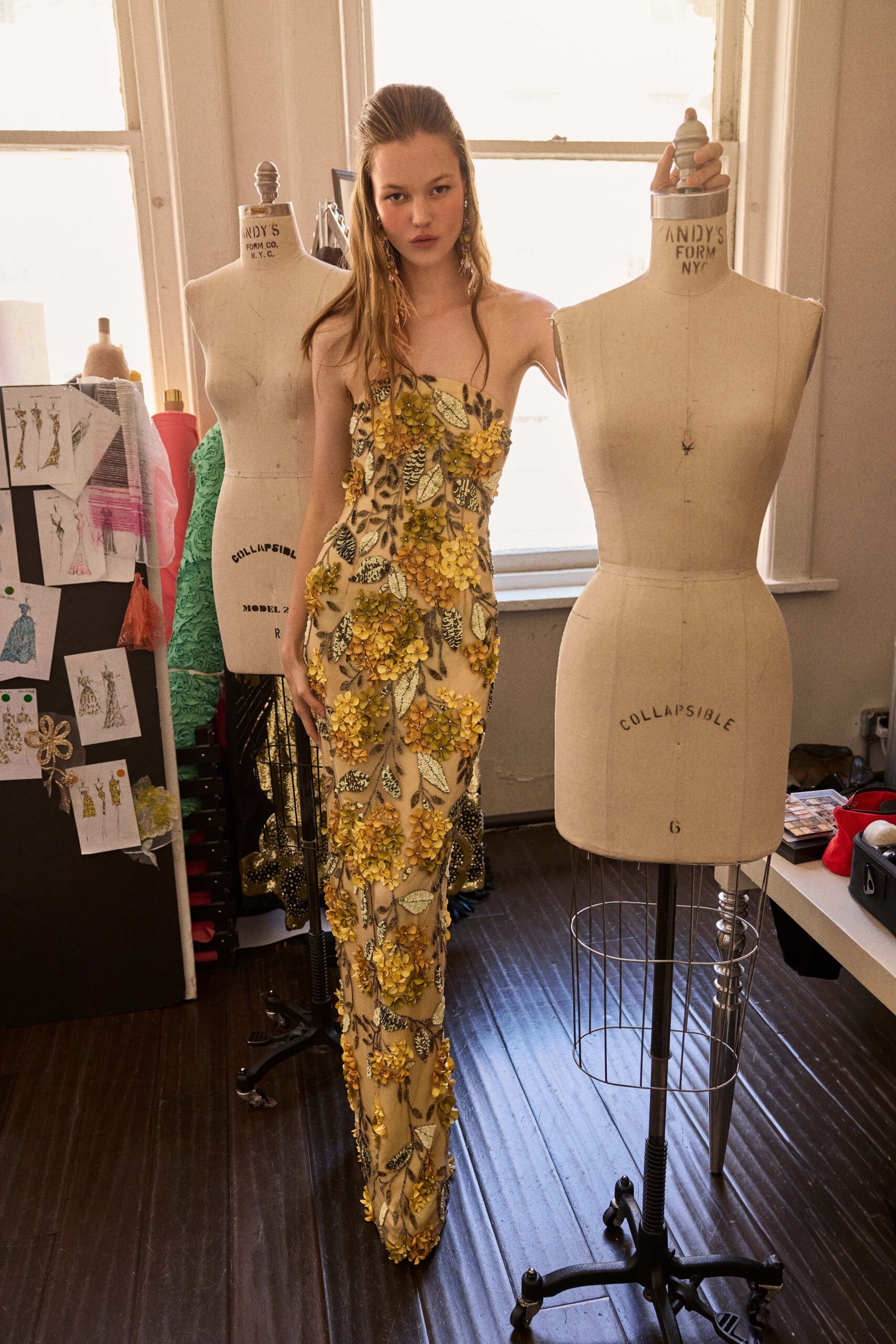 yellow embroidered strapless gown