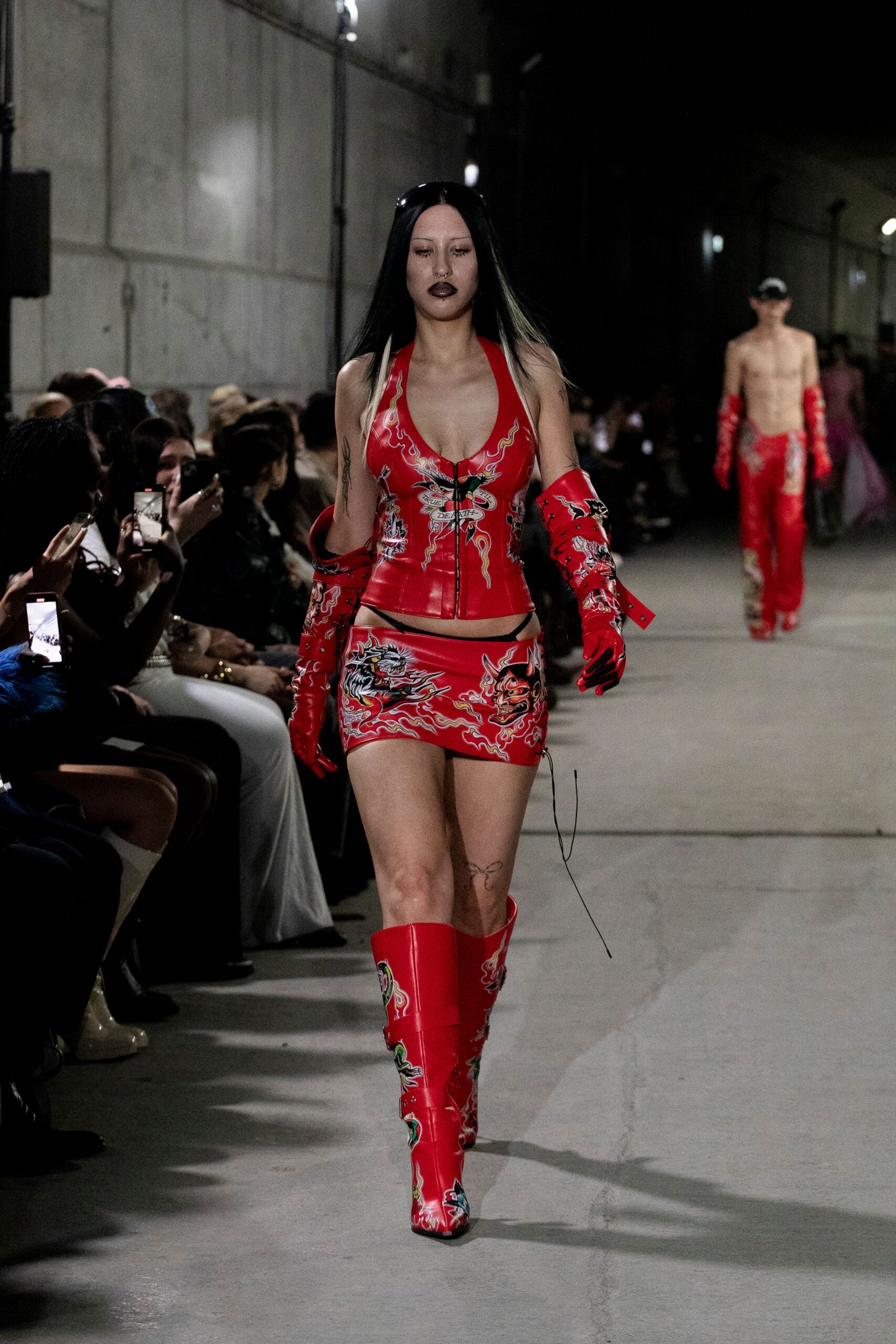 red vinyl sleeveless v-neck fitted embroidered shiny mini-dress
