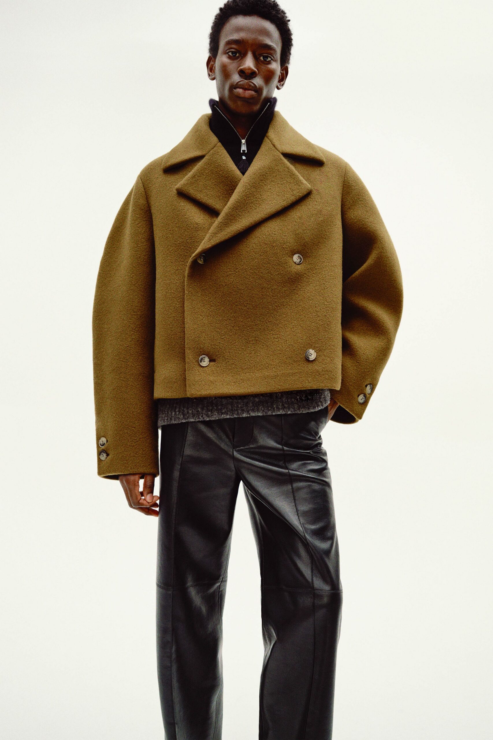 brown wool long-sleeve collared oversized jacket