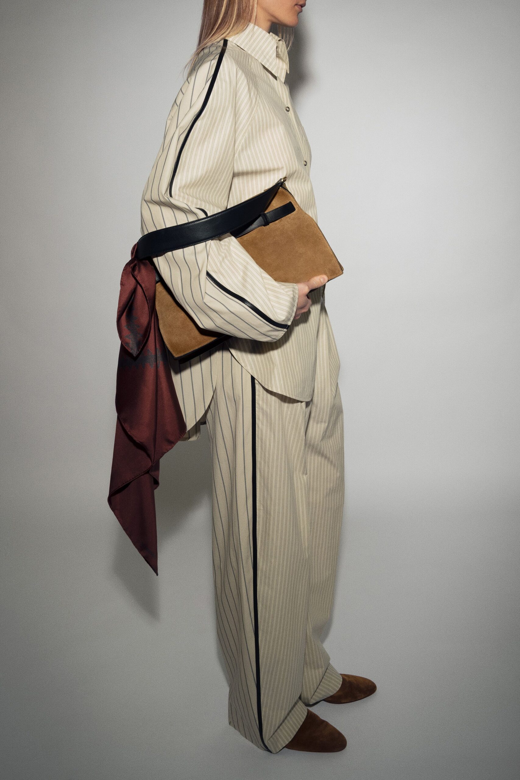 beige striped shirt and pants