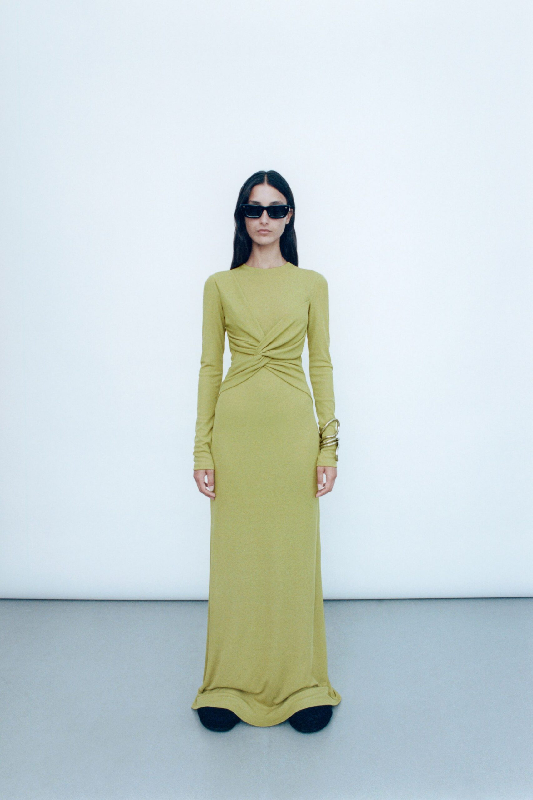 green cotton long-sleeve v-neck fitted ruched maxi gown