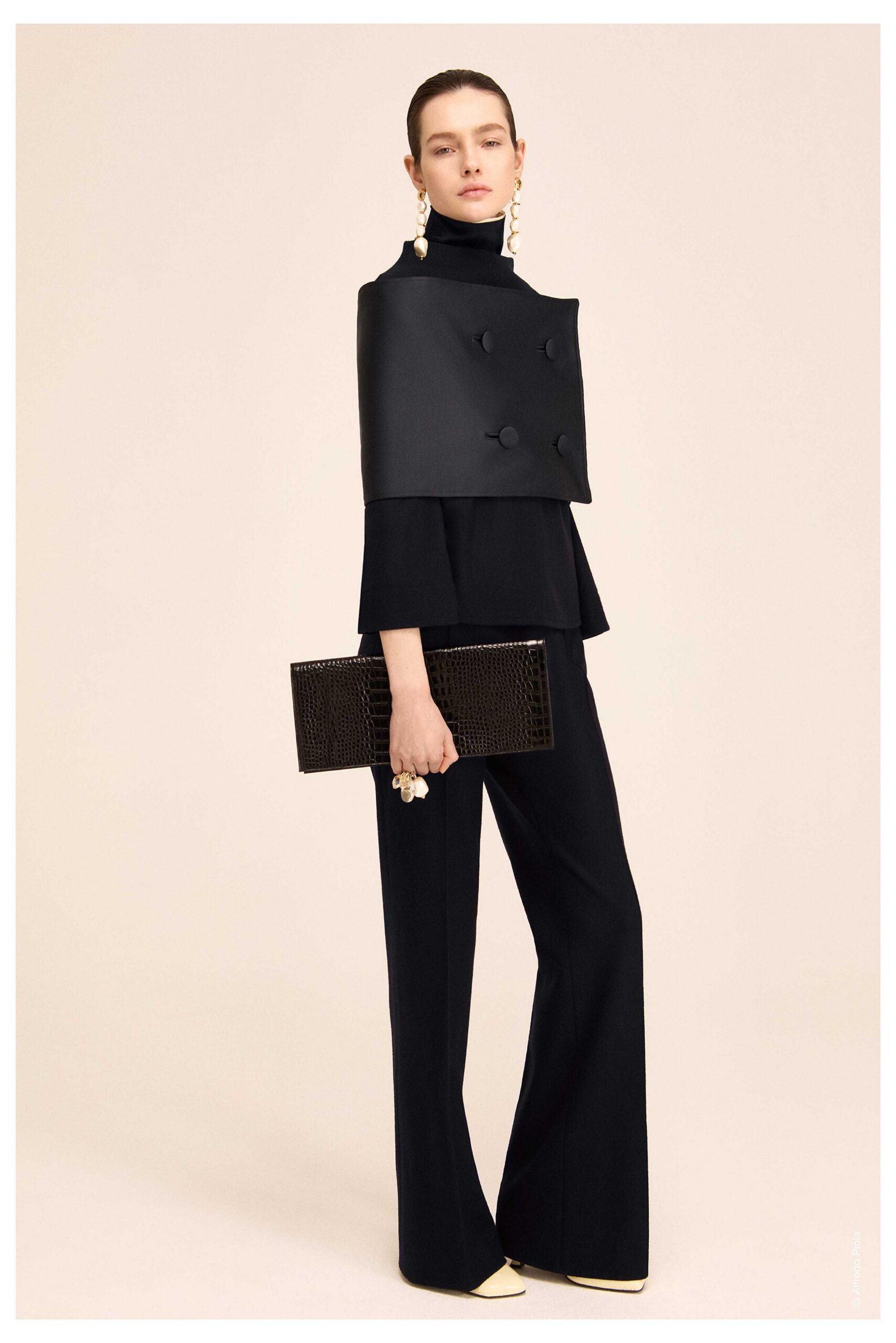 black wool long-sleeve collared structured buttoned cape