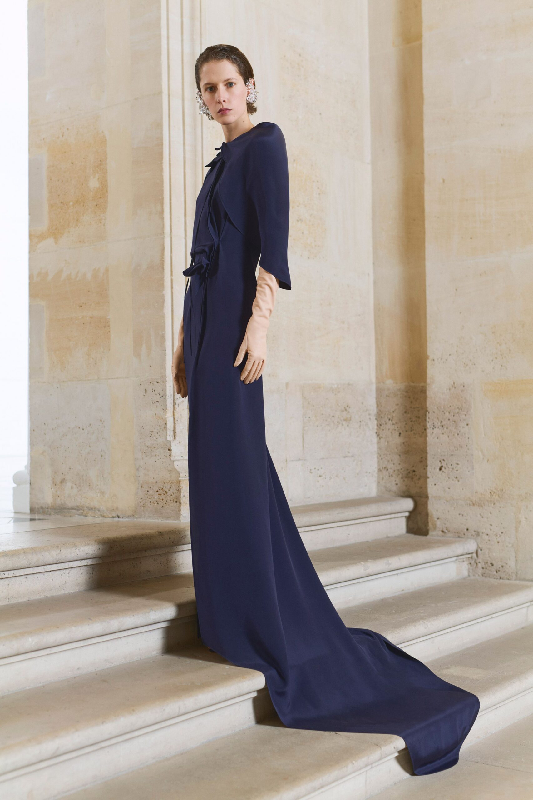 blue silk fitted gown