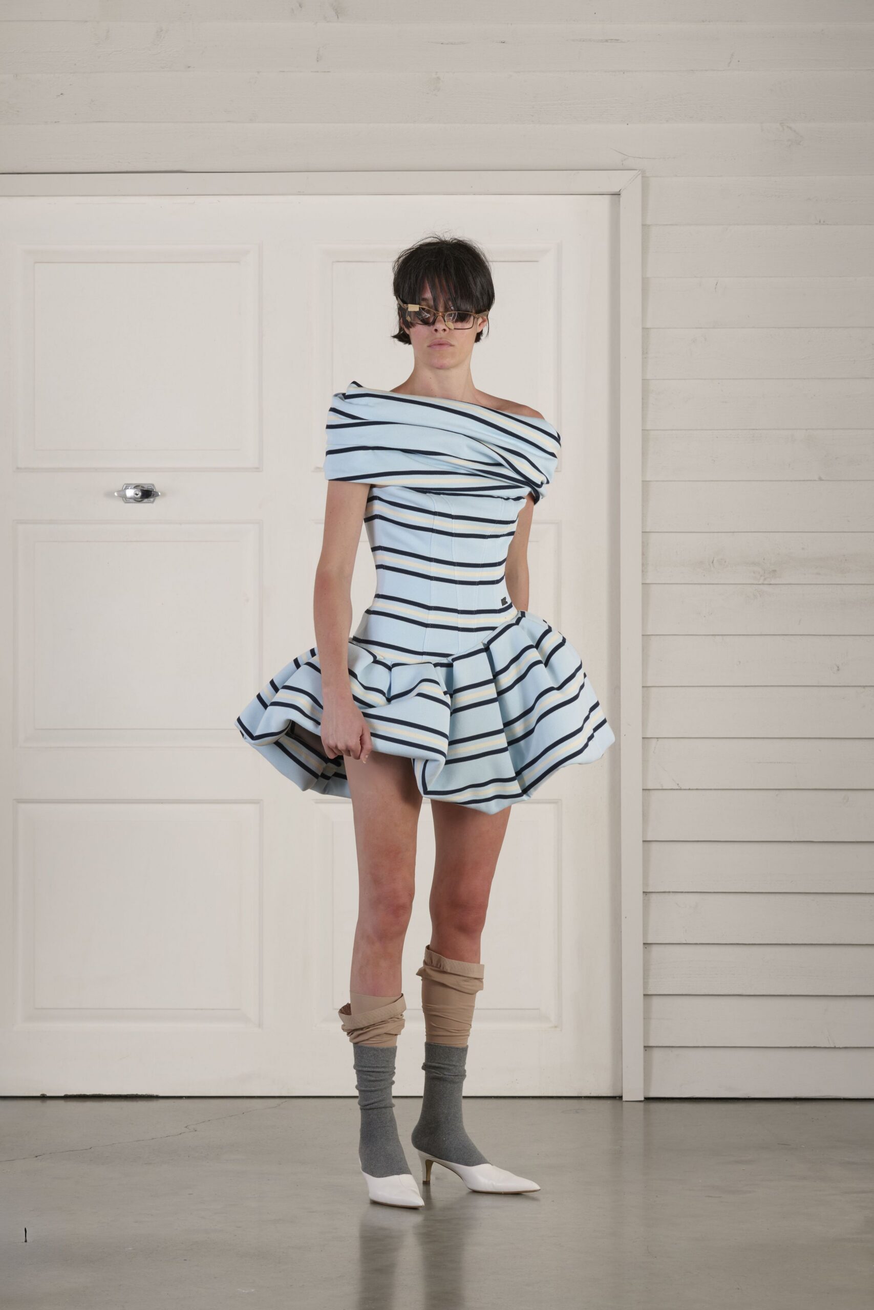 blue cotton off-shoulder short-sleeve fitted striped flared dress
