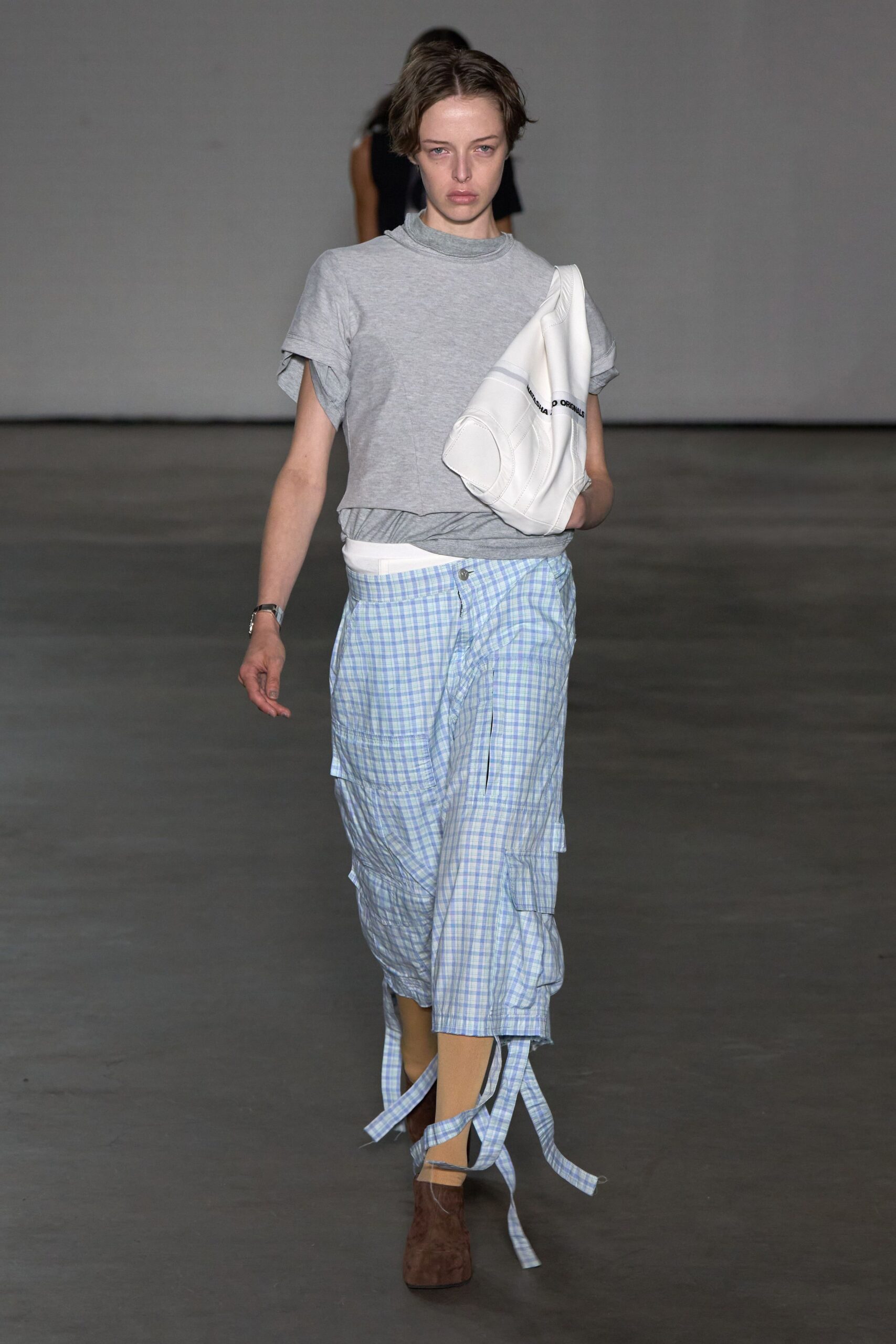 gray top with blue skirt