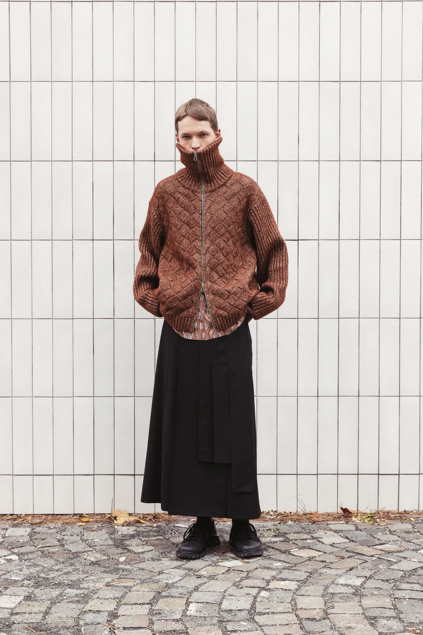 brown wool long-sleeve high-neck relaxed quilted sweater