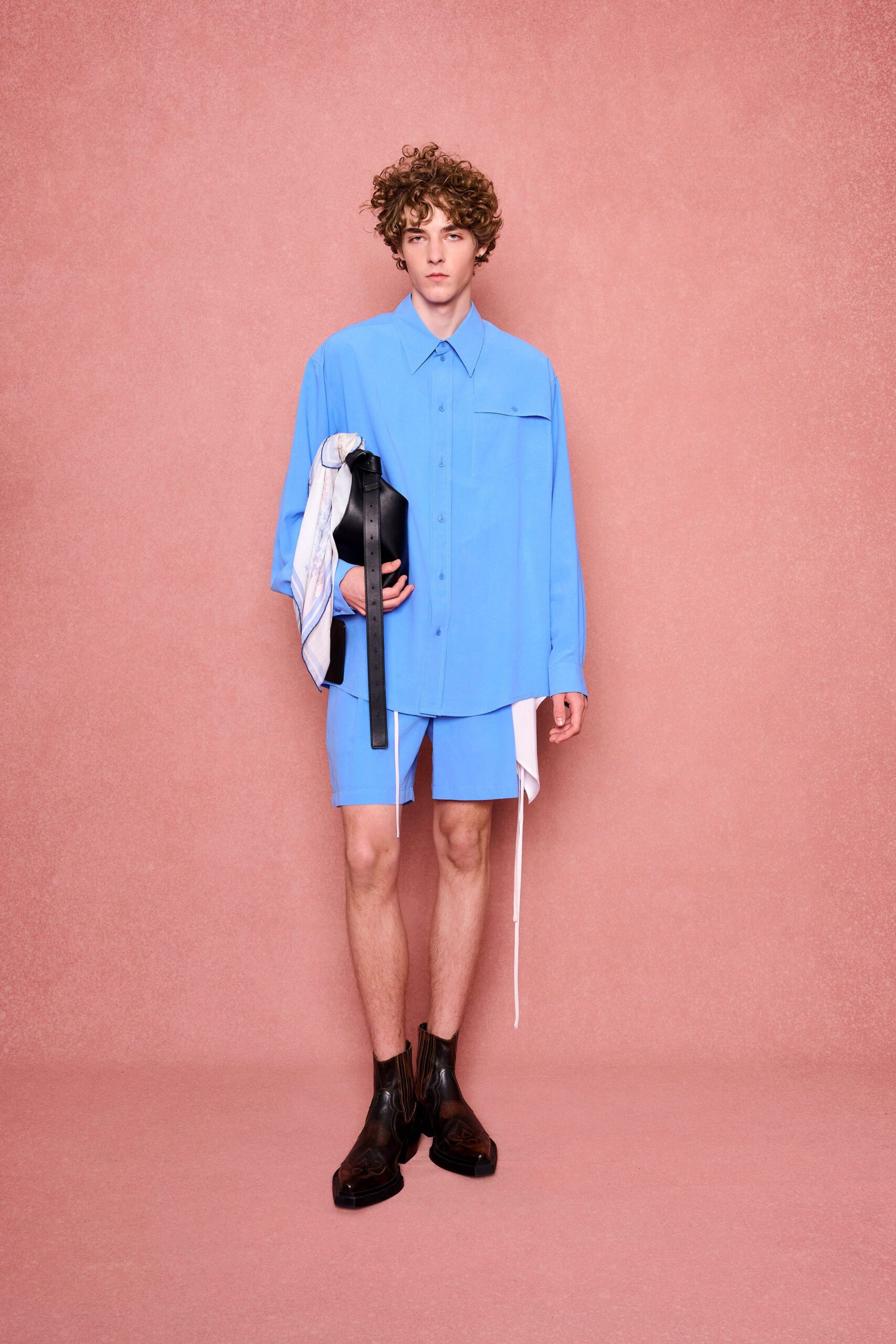blue shirt and shorts outfit