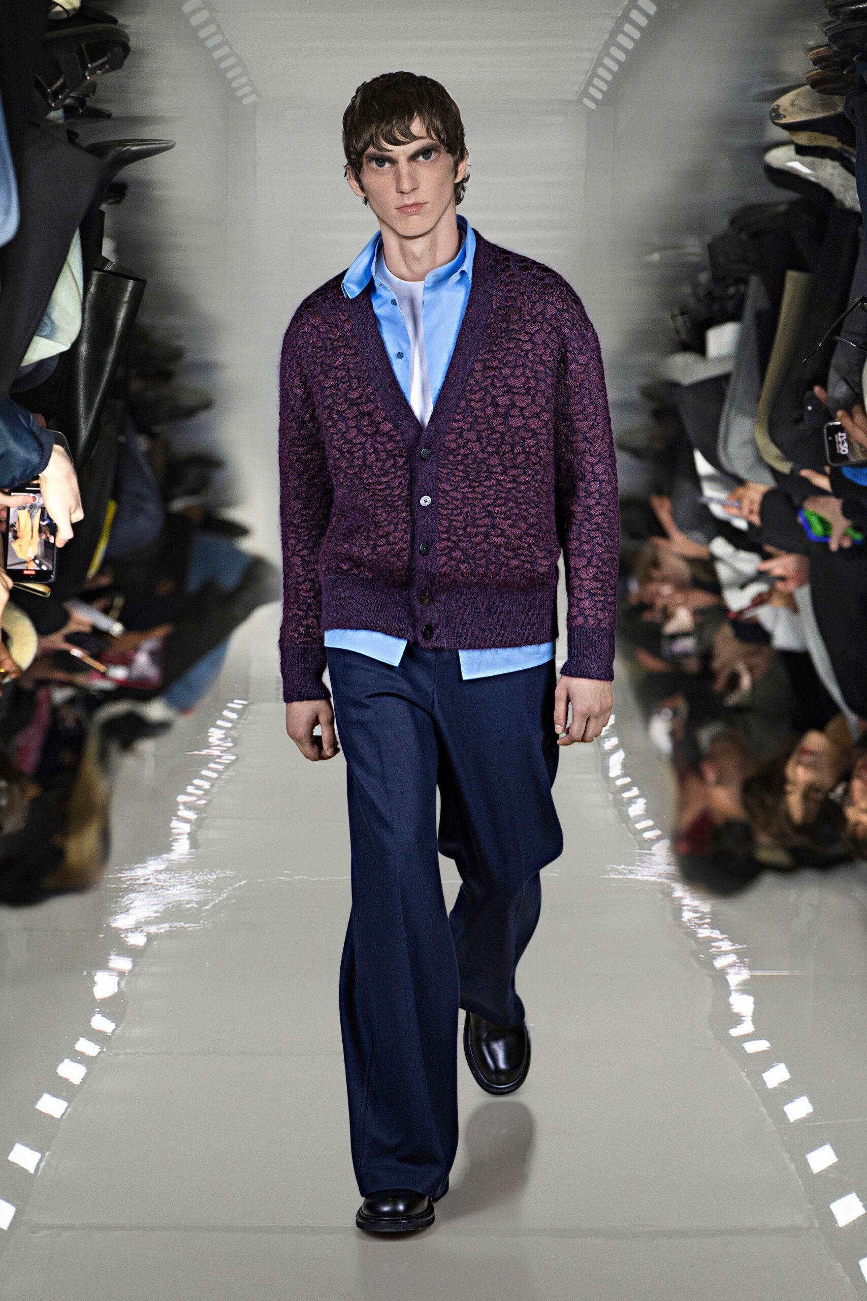 purple wool long-sleeve collared relaxed textured cardigan