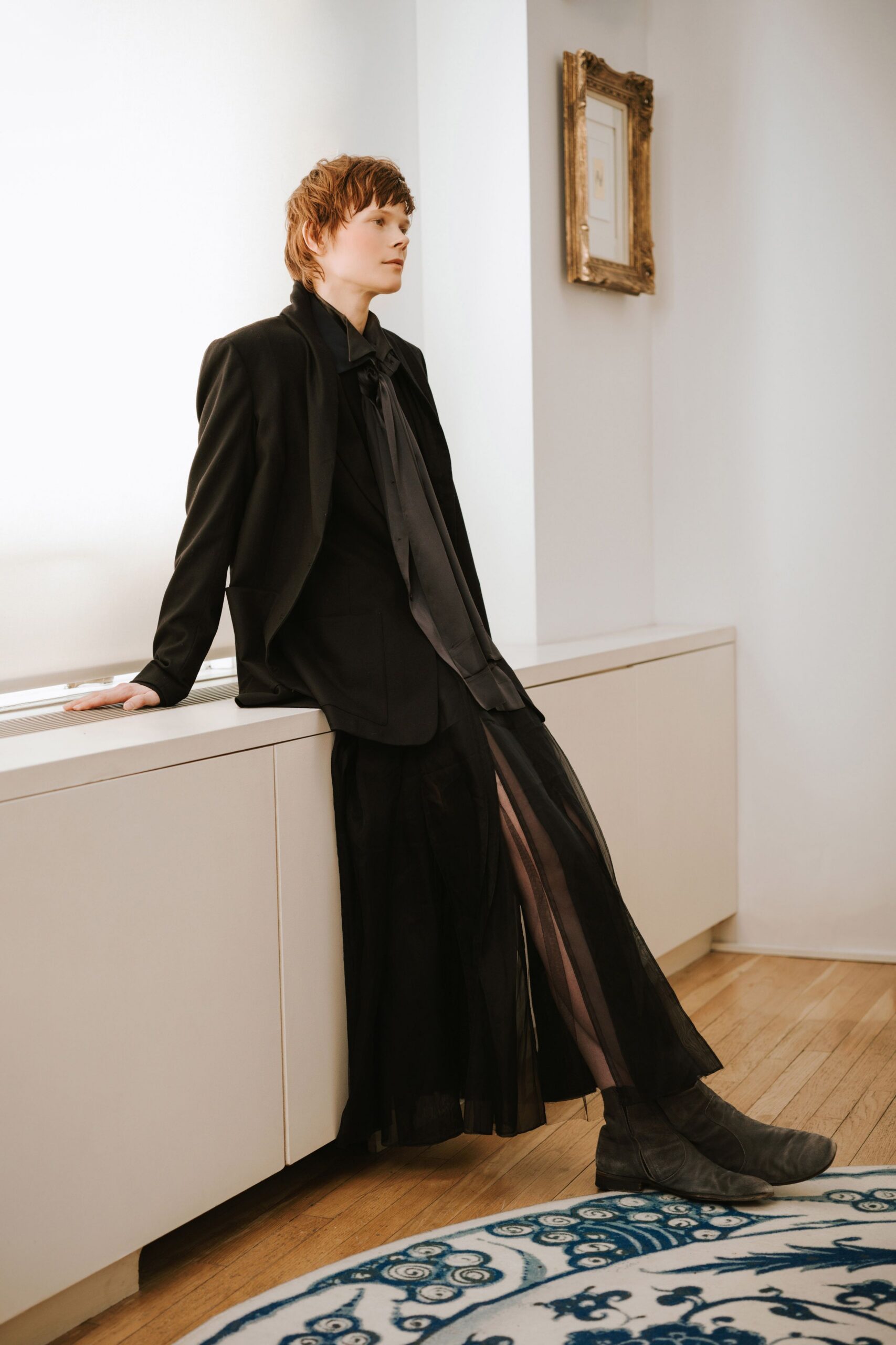 black chiffon slit relaxed high-waisted layered flowing skirt