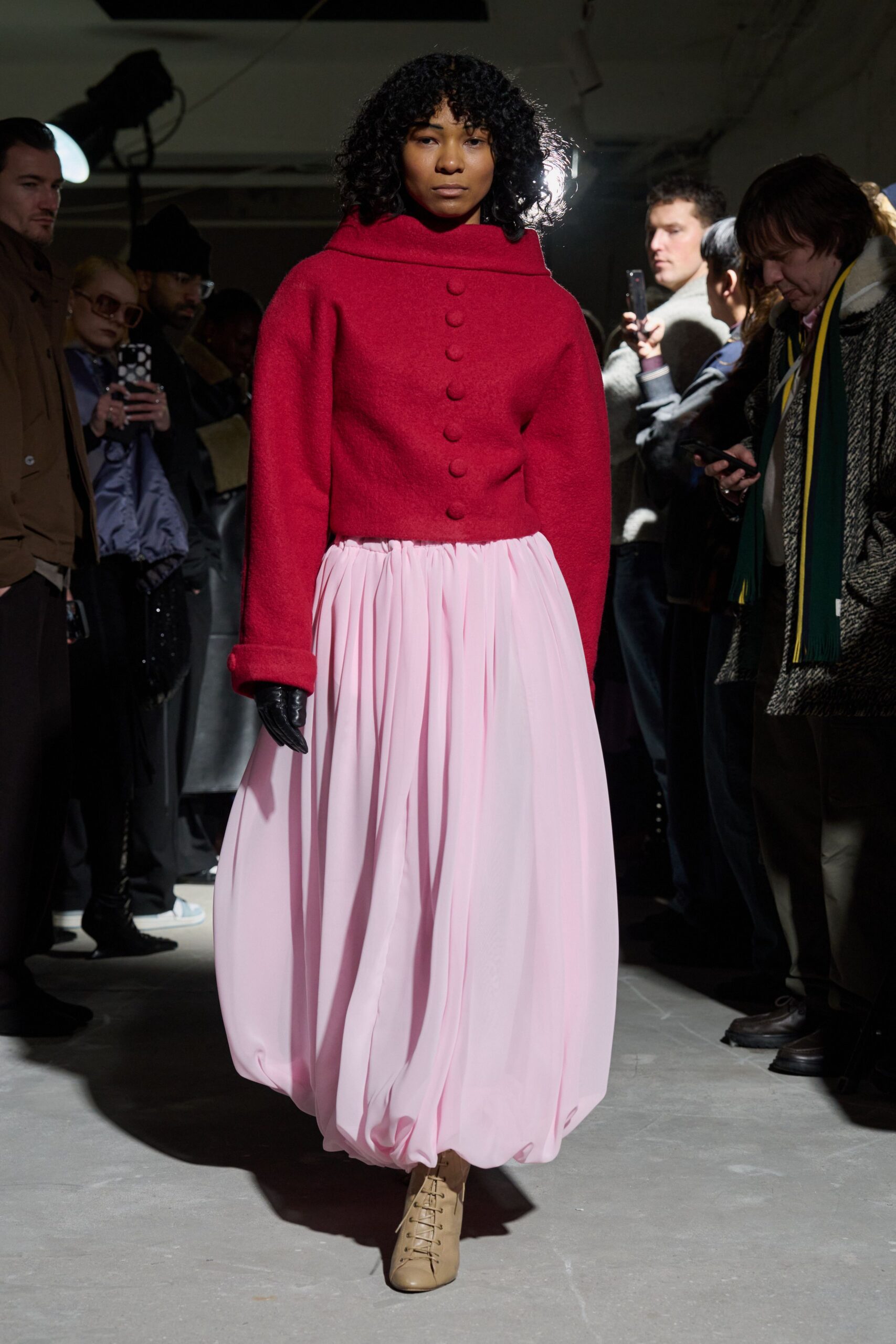 pink silk relaxed high-waisted pleated midi skirt