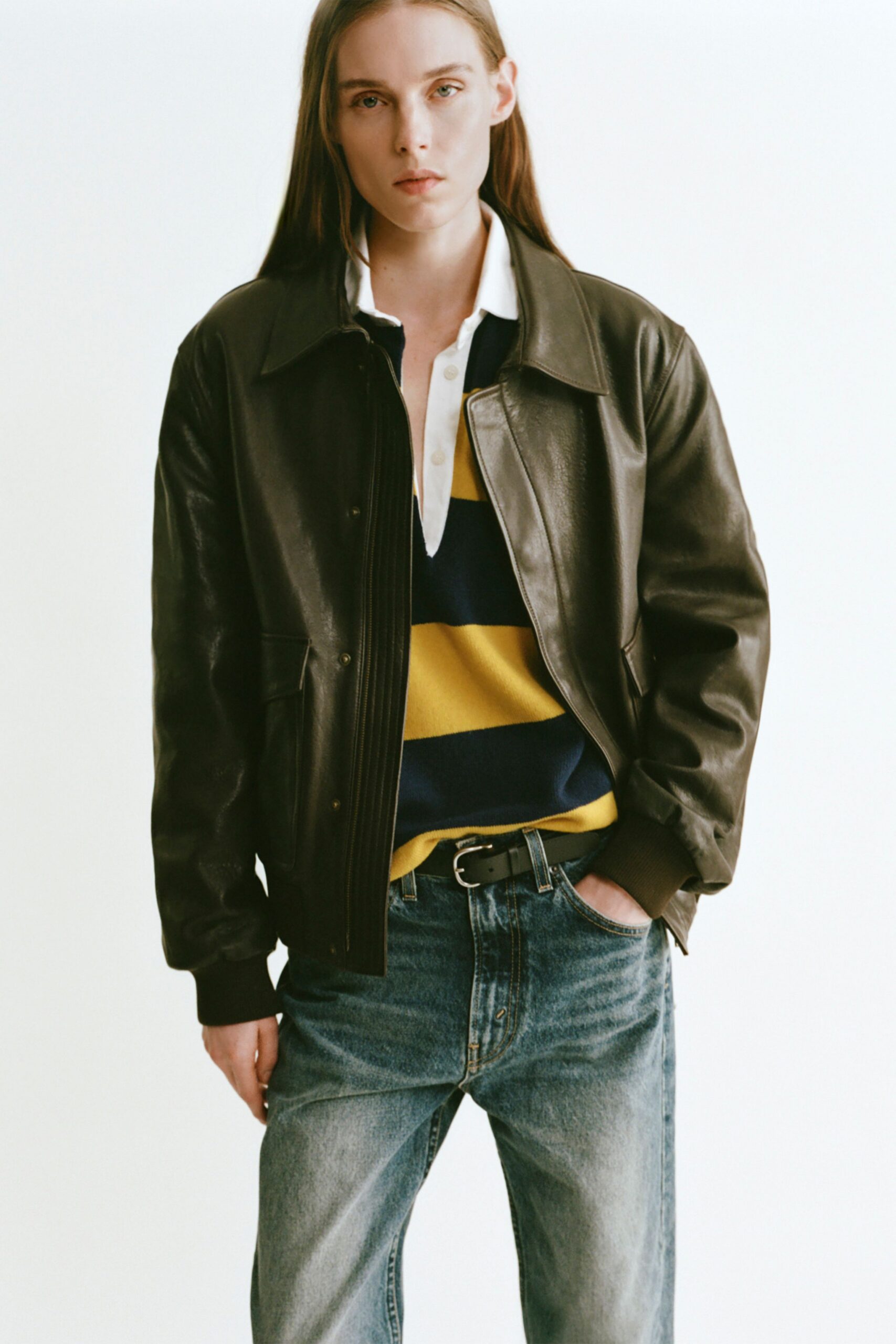 black leather jacket with striped shirt