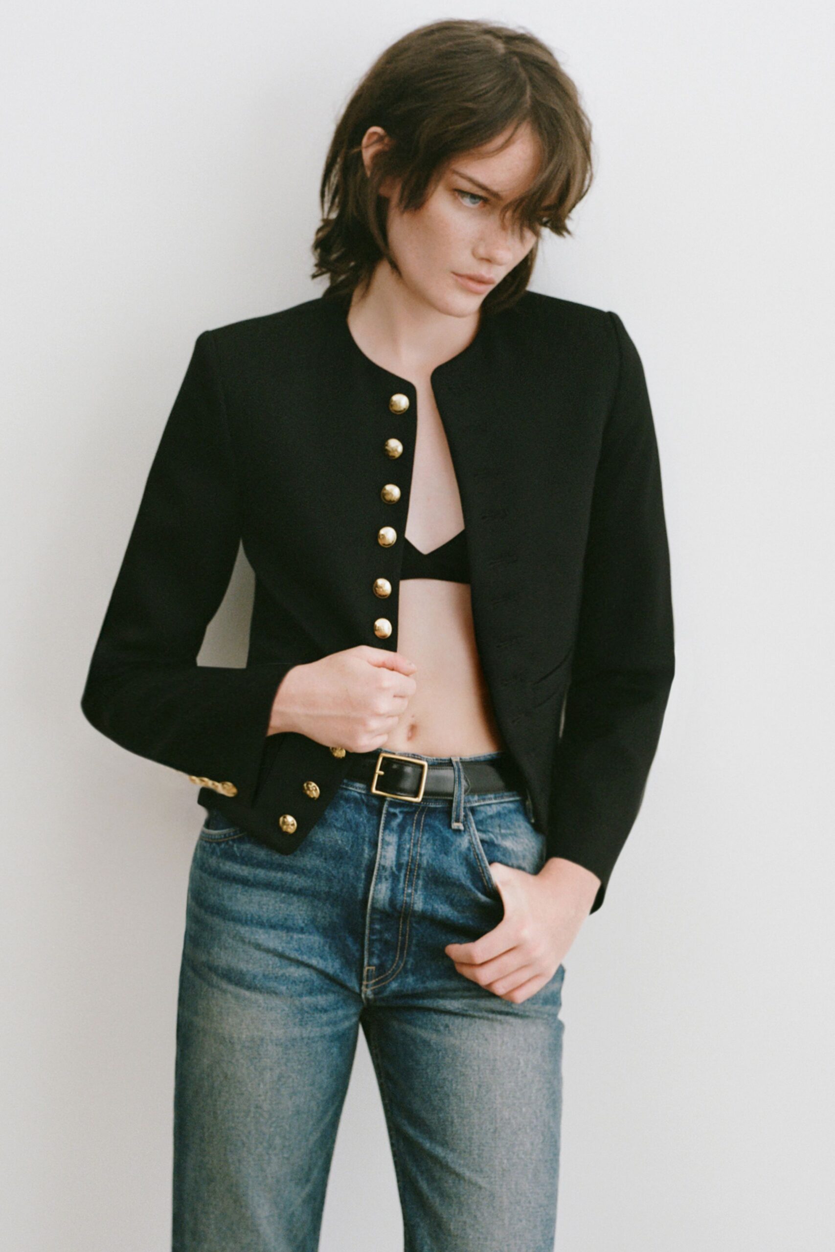 black fitted jacket with jeans
