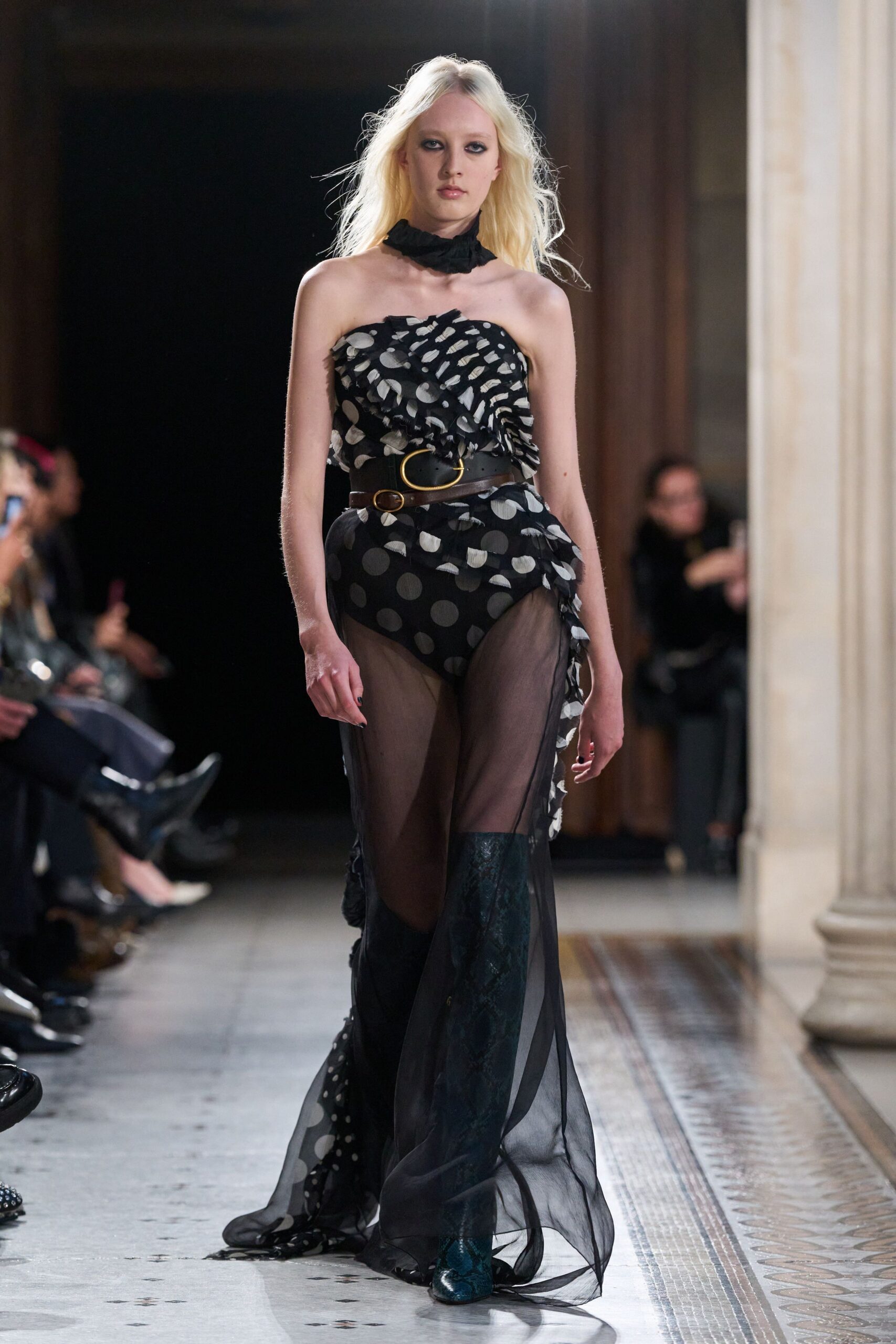 black silk sleeveless high-neck fitted polka-dot layered dress