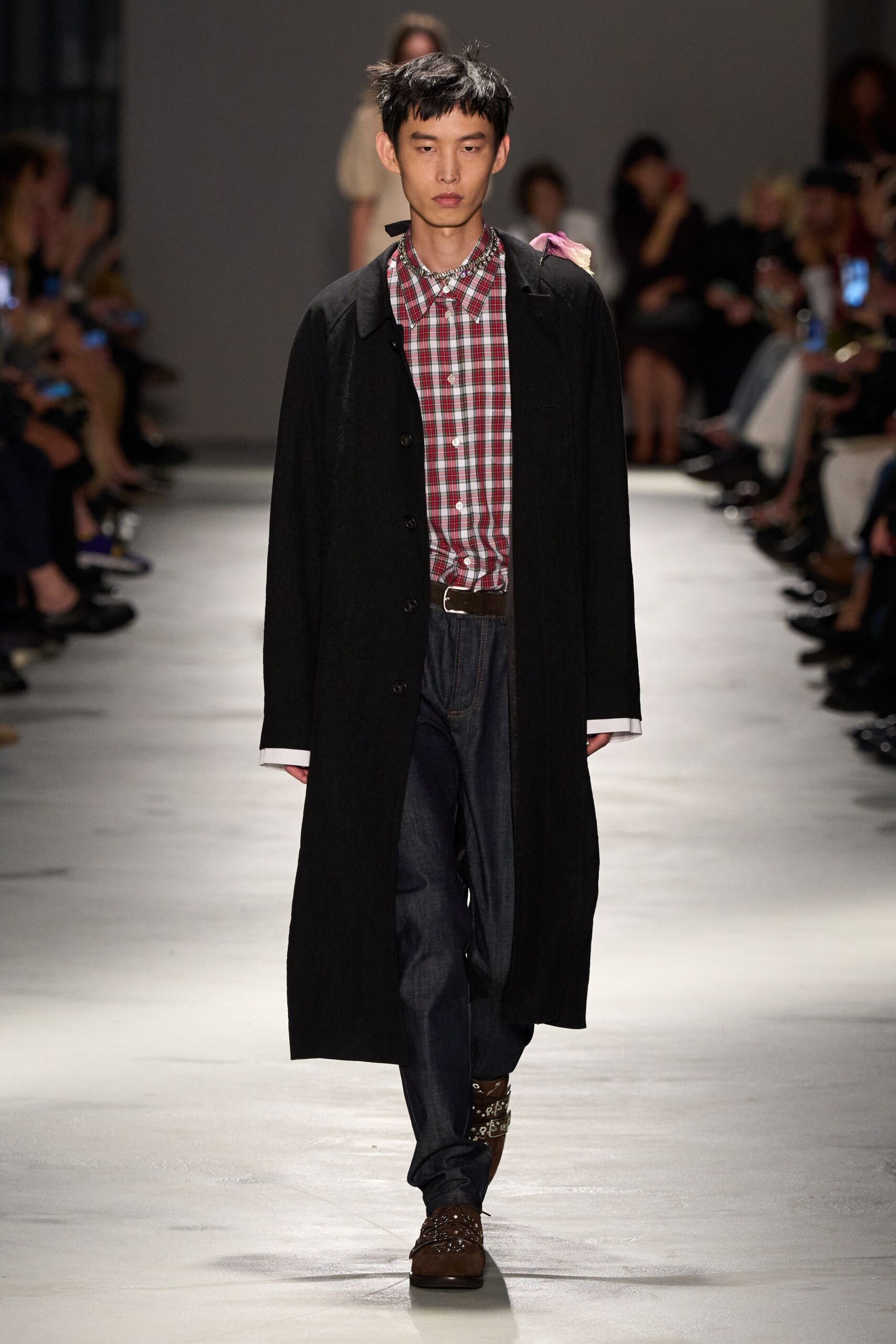 black coat with checked shirt