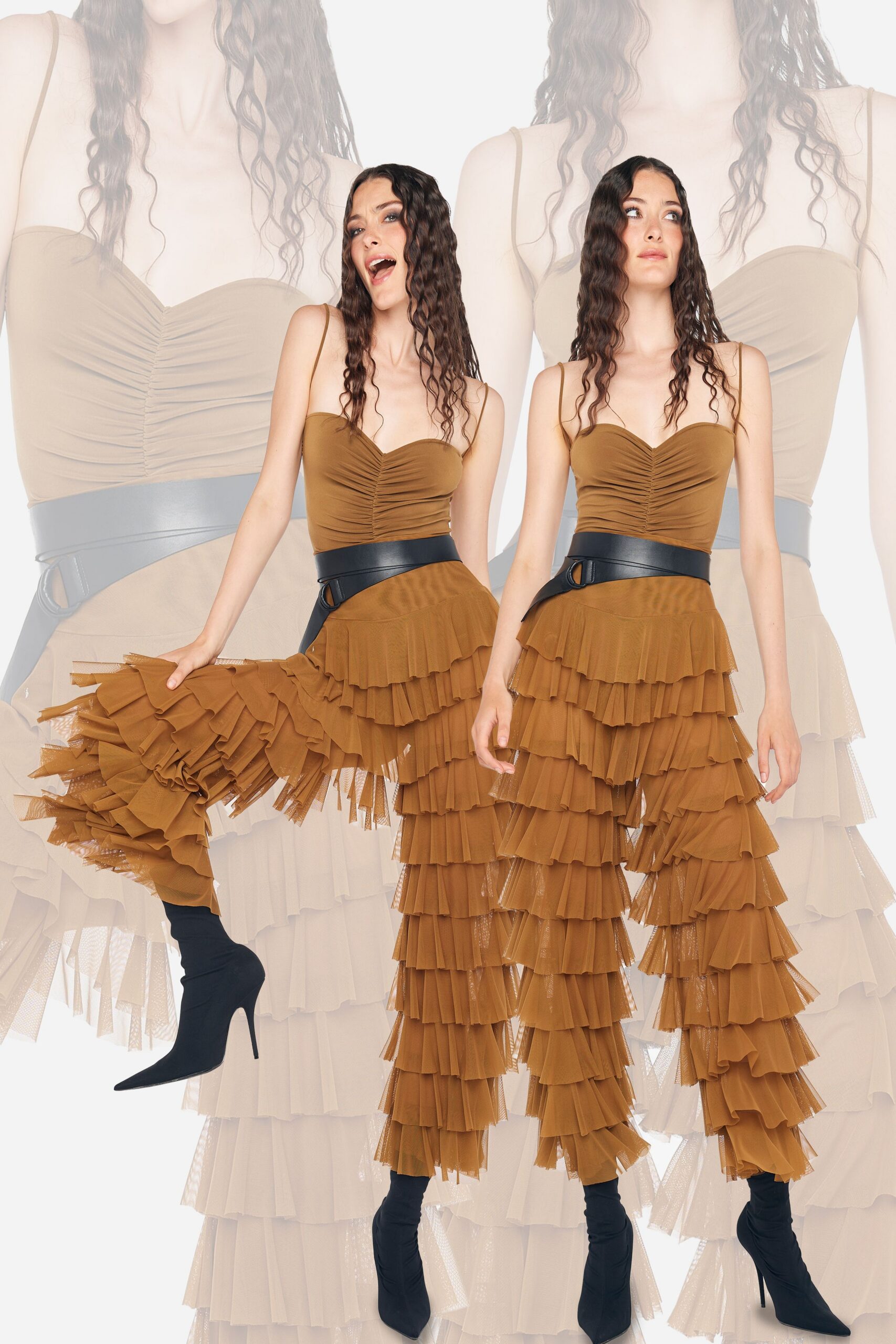 brown fringed jumpsuit with black belt