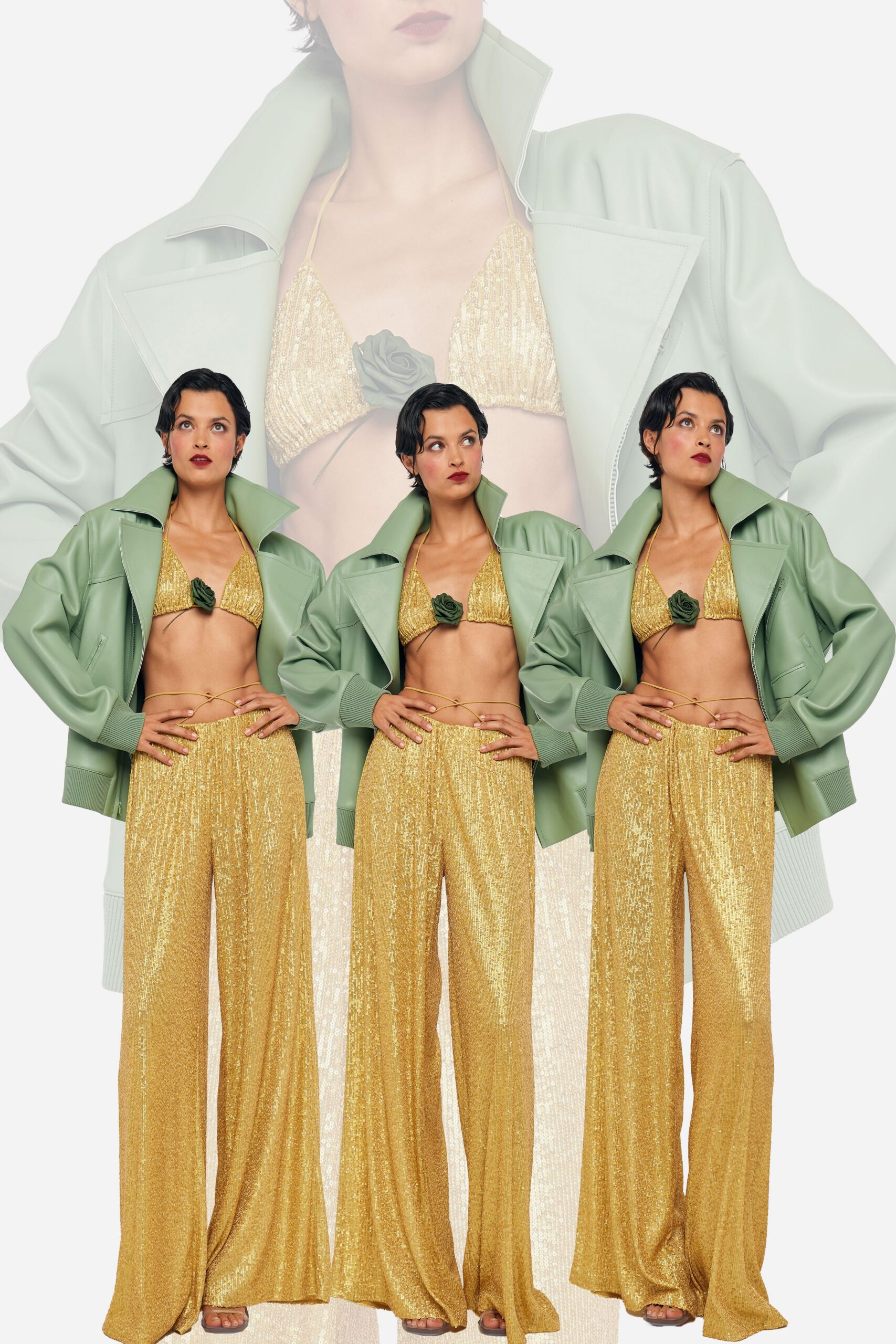 green leather long-sleeve collared oversized jacket