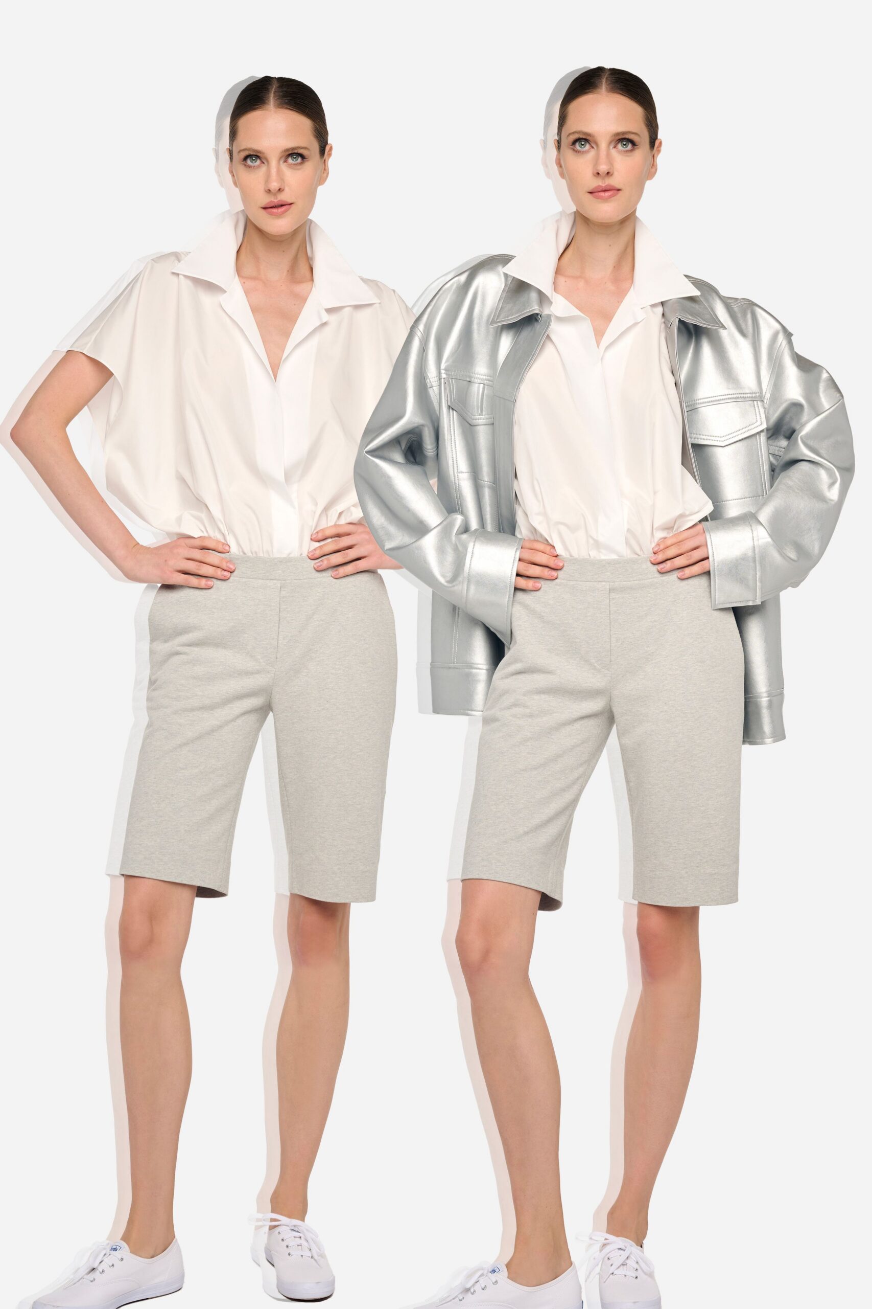 white shirt gray shorts silver jacket
