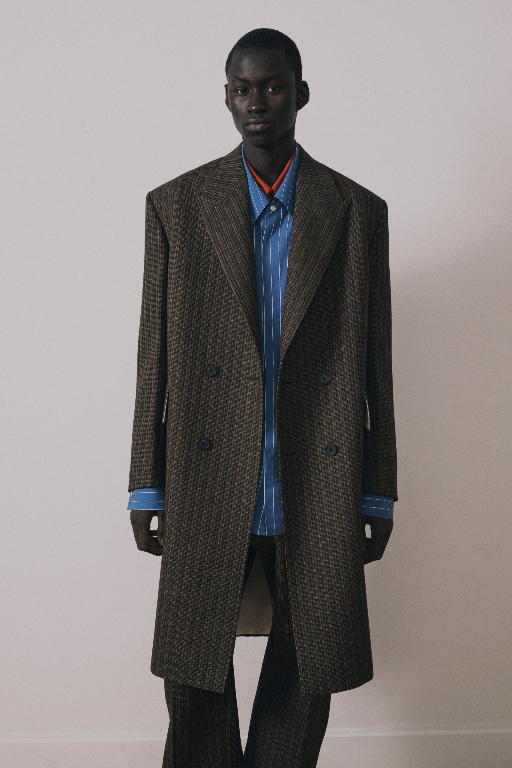 brown wool long-sleeve double-breasted relaxed striped coat
