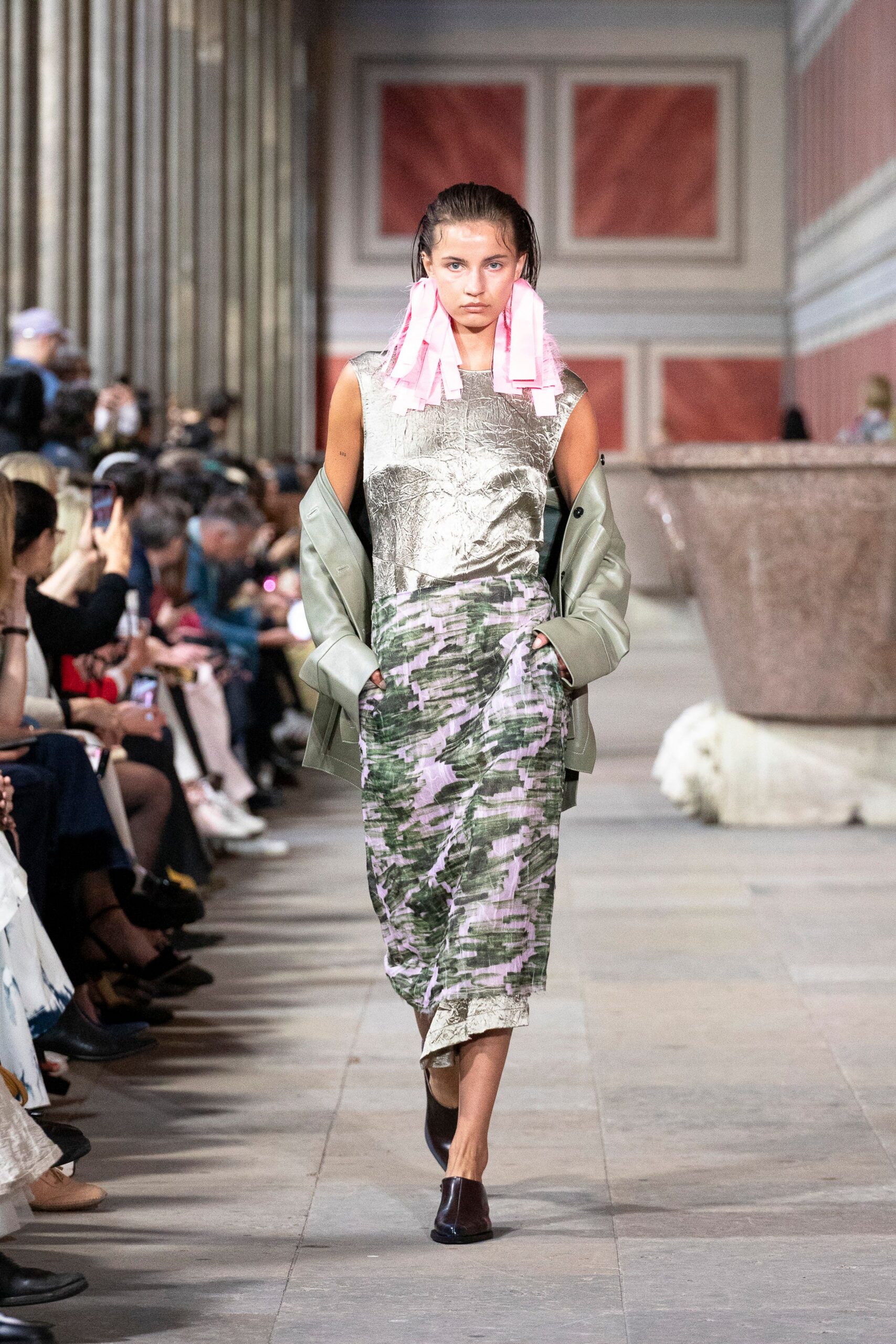 gray silk sleeveless high-neck fitted draped top