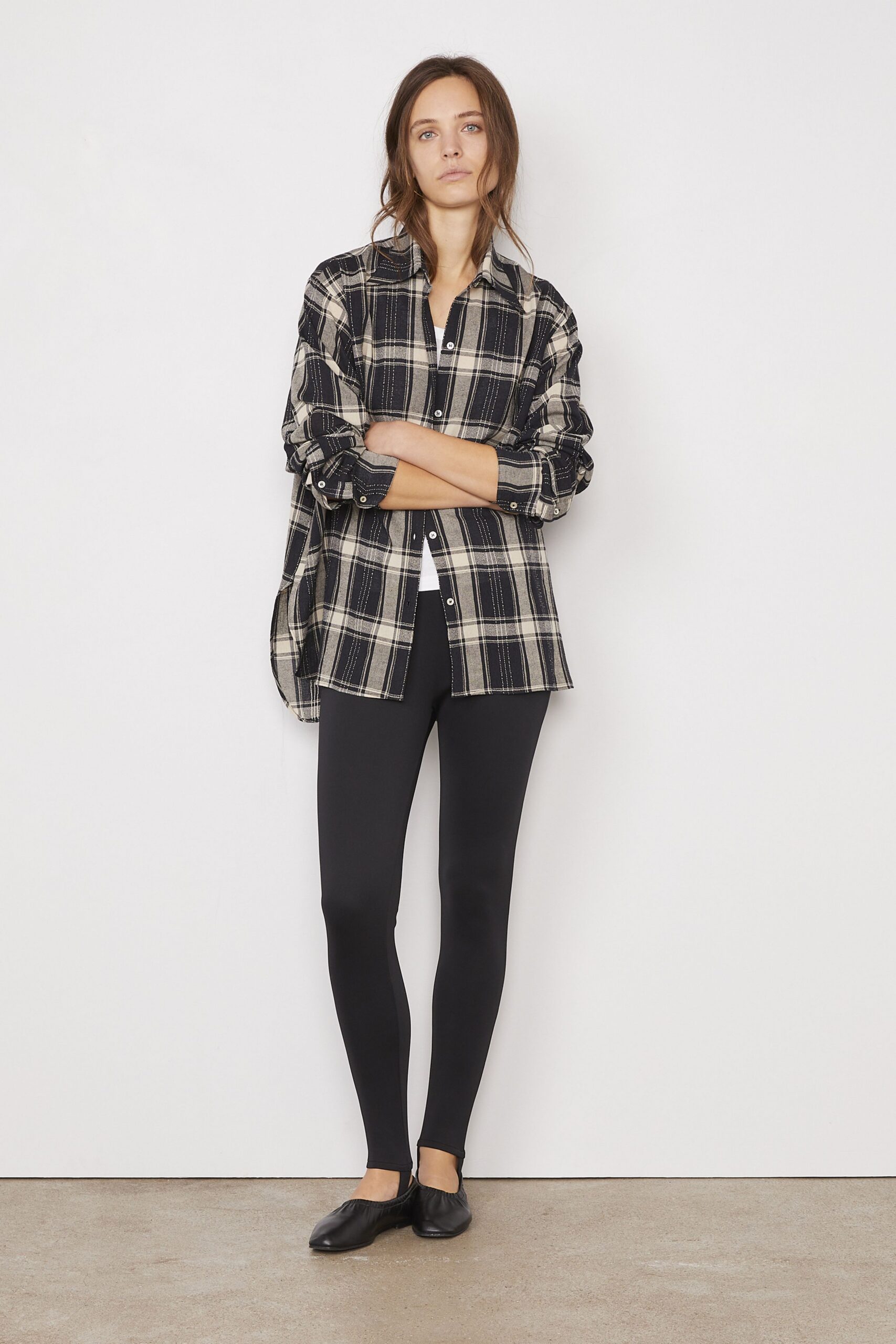 black and white checked shirt with leggings