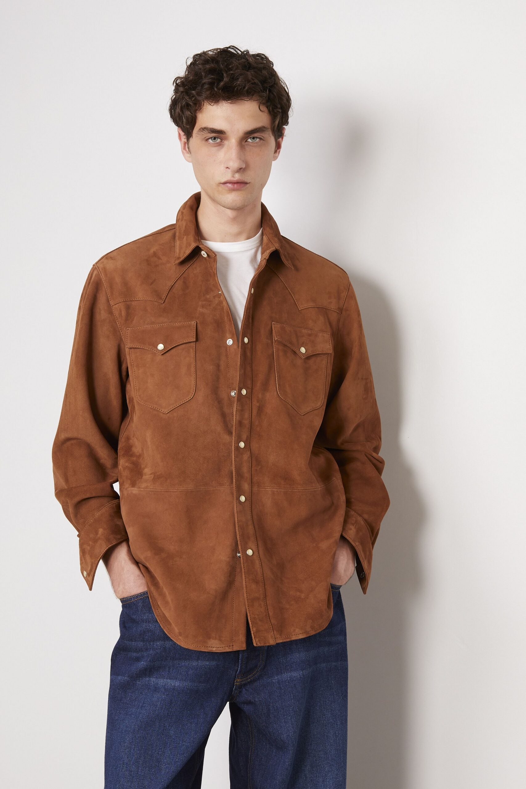 brown suede long-sleeve collared relaxed buttoned shirt