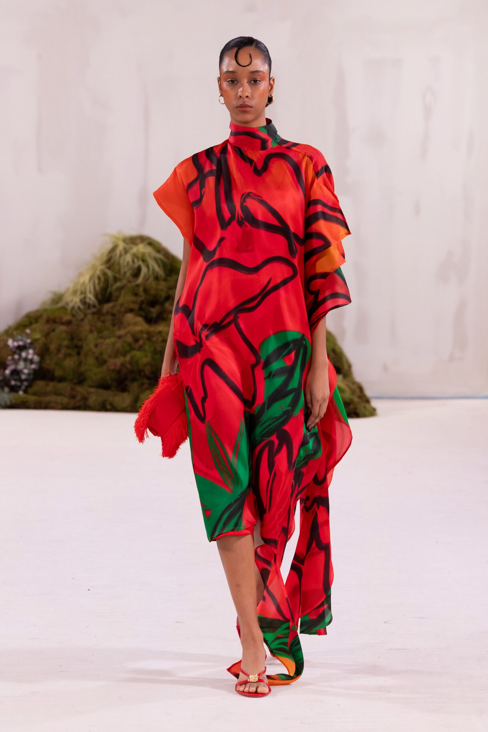 red silk sleeveless high-neck relaxed flared layered dress