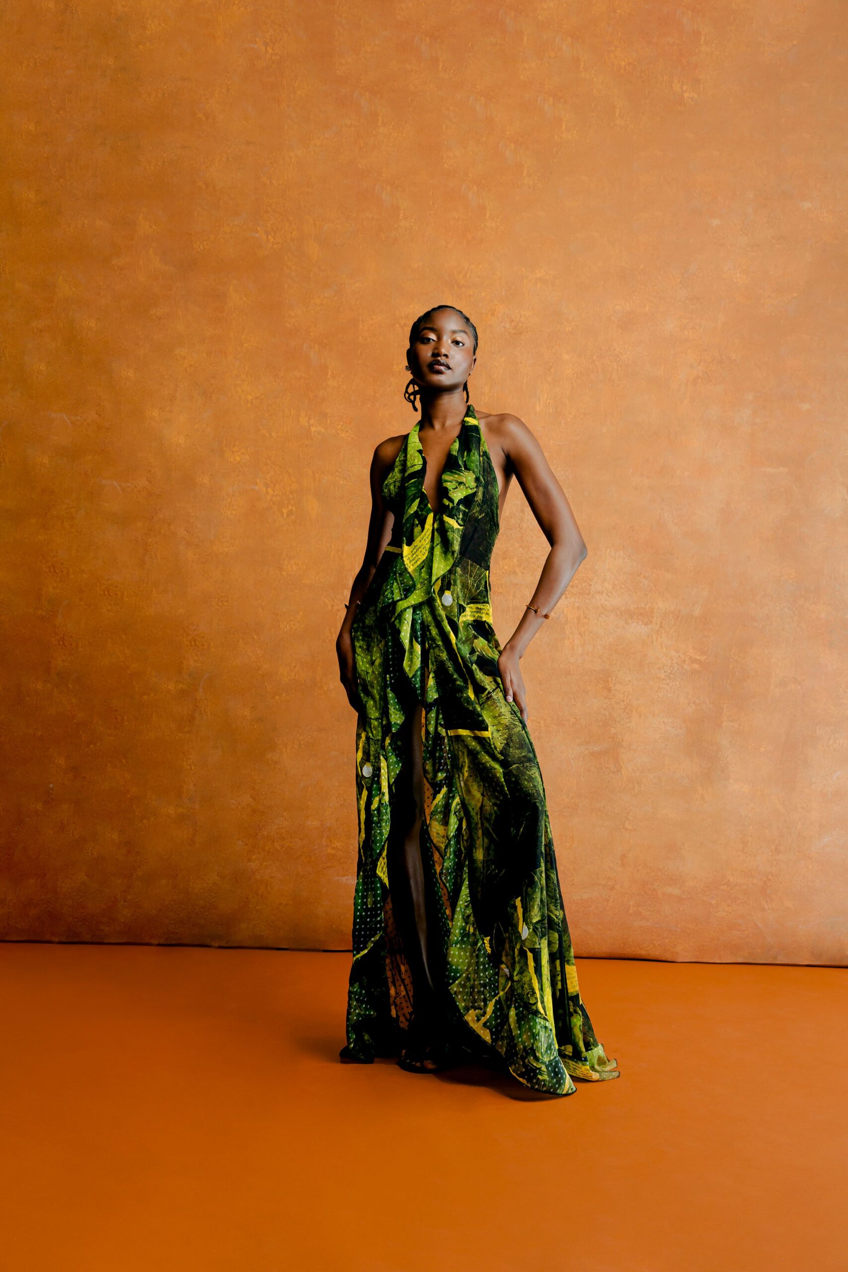 green and black silk gown