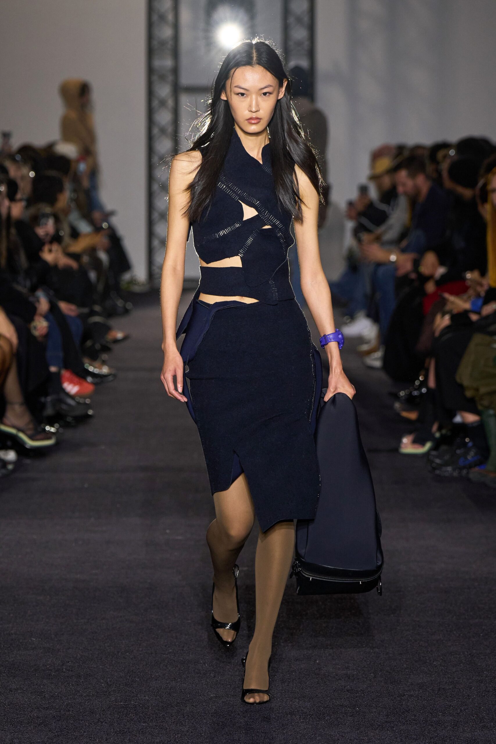 blue denim sleeveless v-neck fitted zippered midi dress