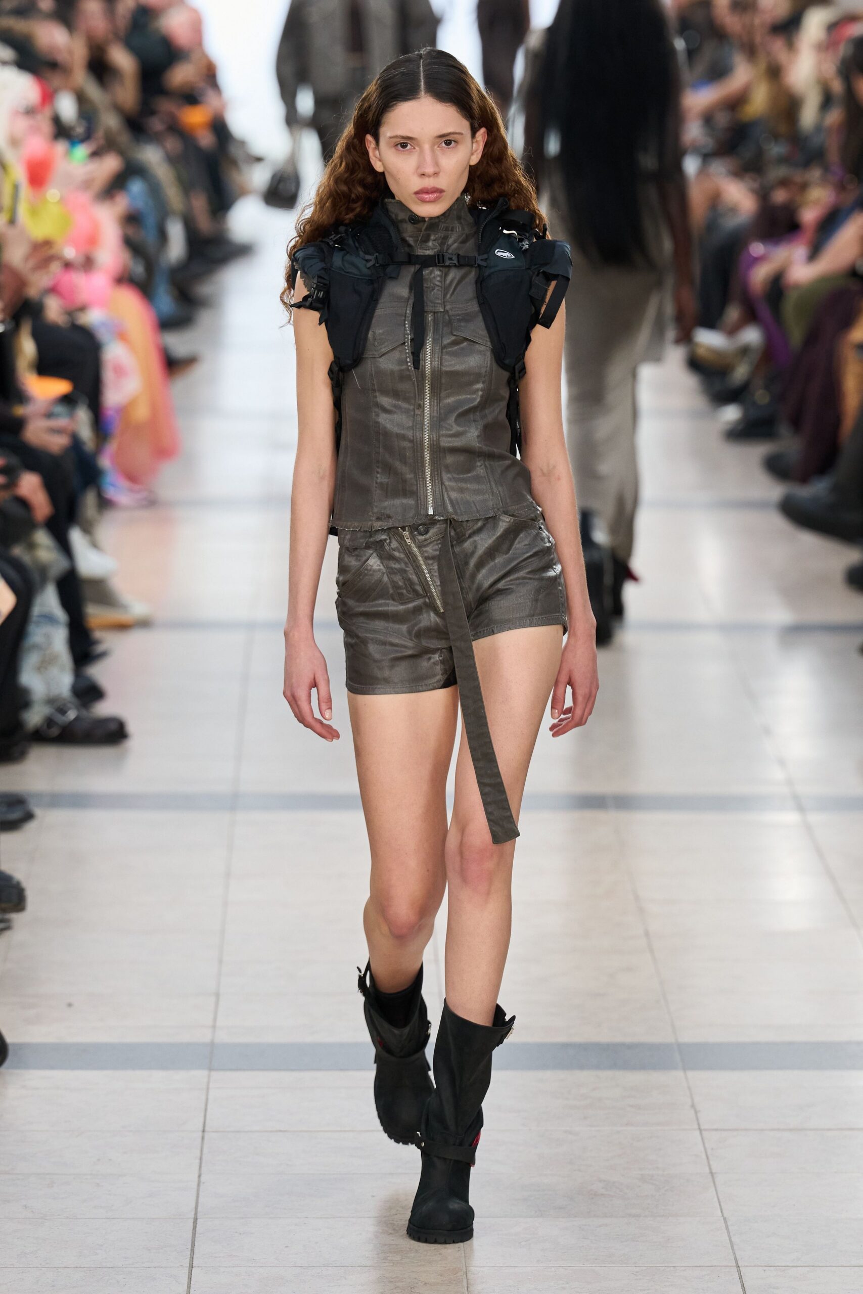gray leather sleeveless high-neck fitted zippered belted romper