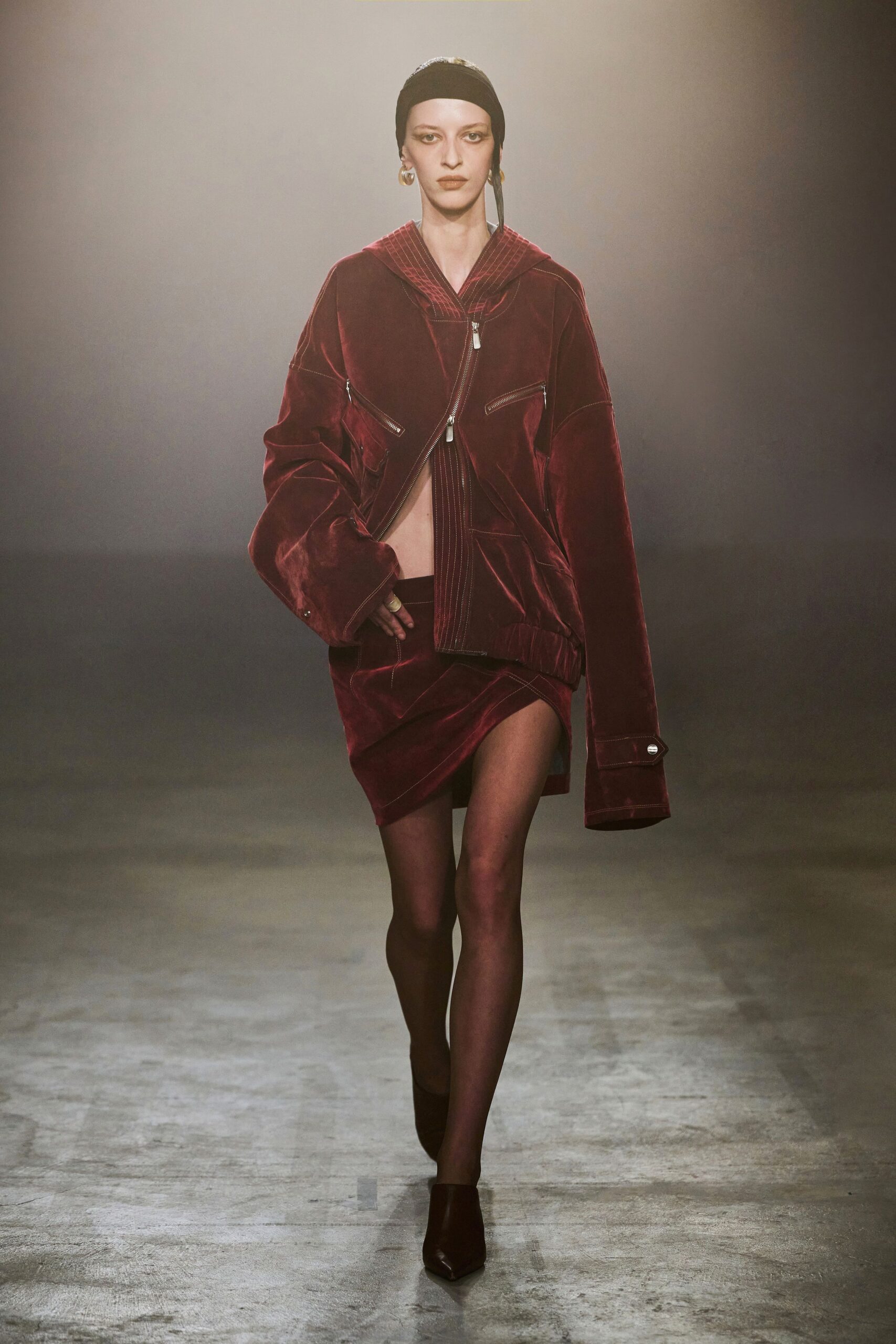 red velvet long-sleeve collared oversized zippered jacket