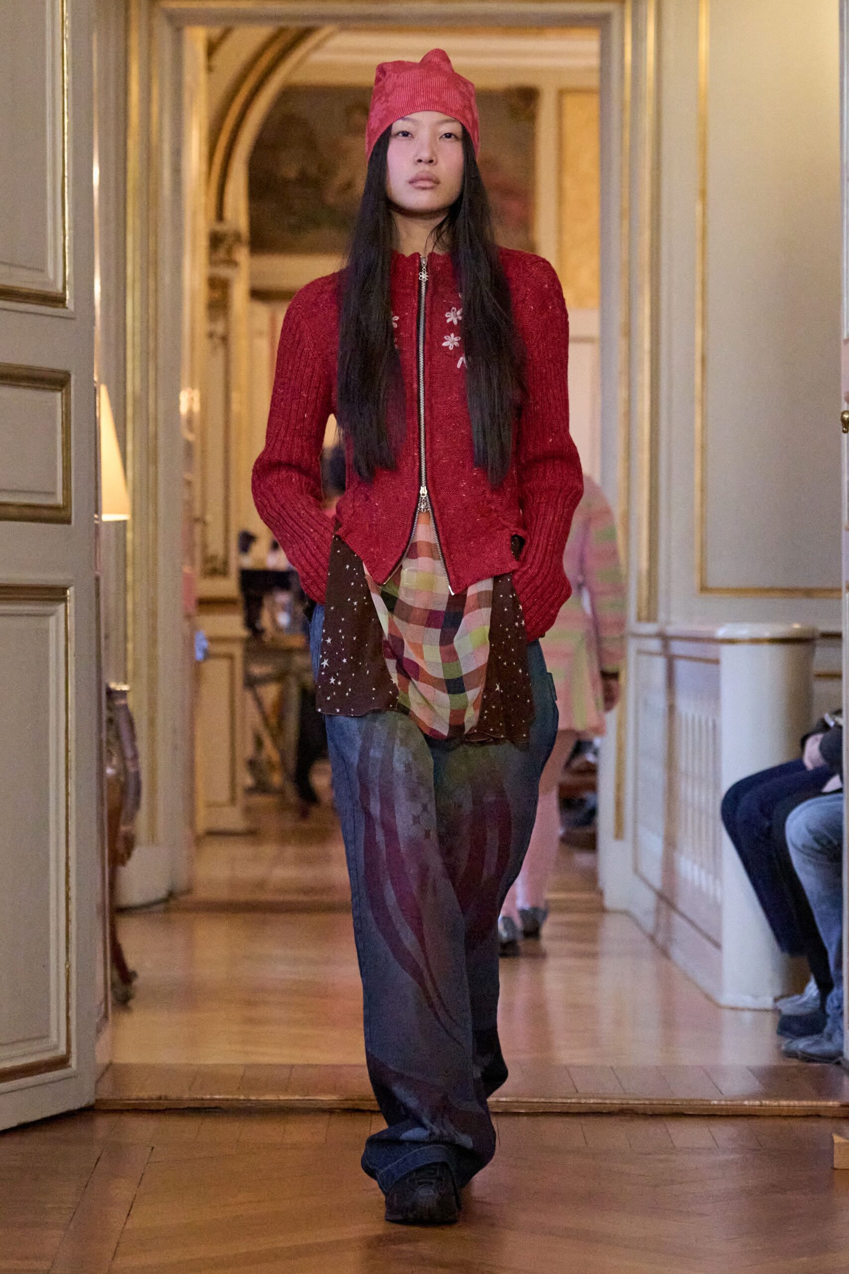red wool long-sleeve collared fitted buttoned jacket